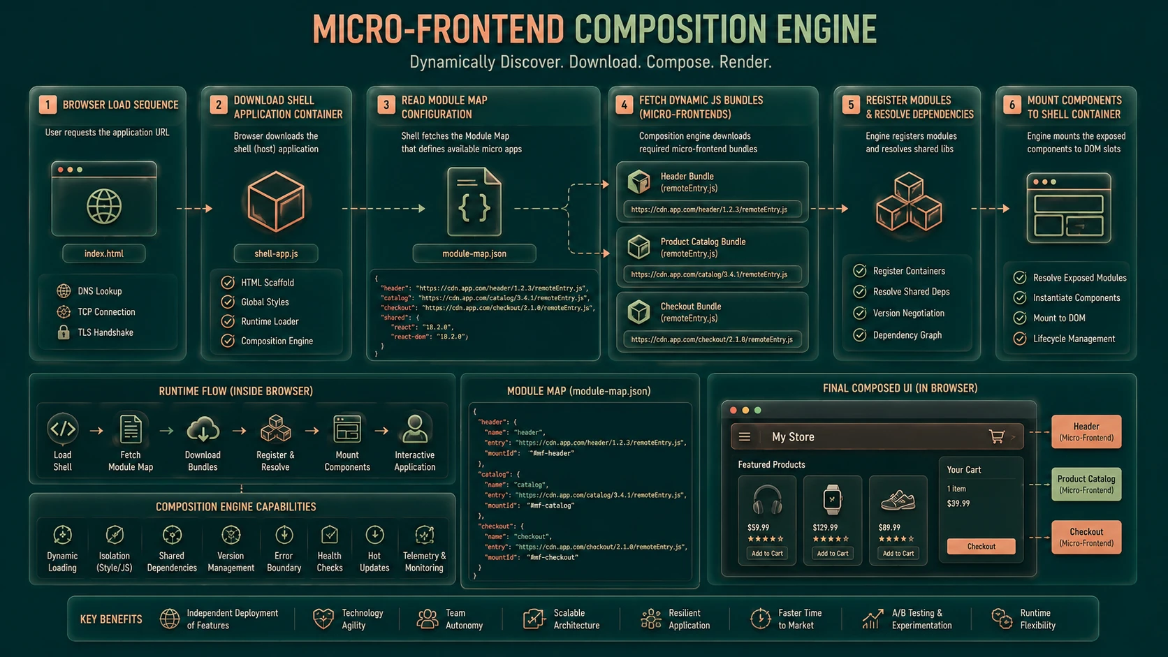 System architecture diagram and conceptual workflow layout for Advances in Micro-Frontend Architecture.