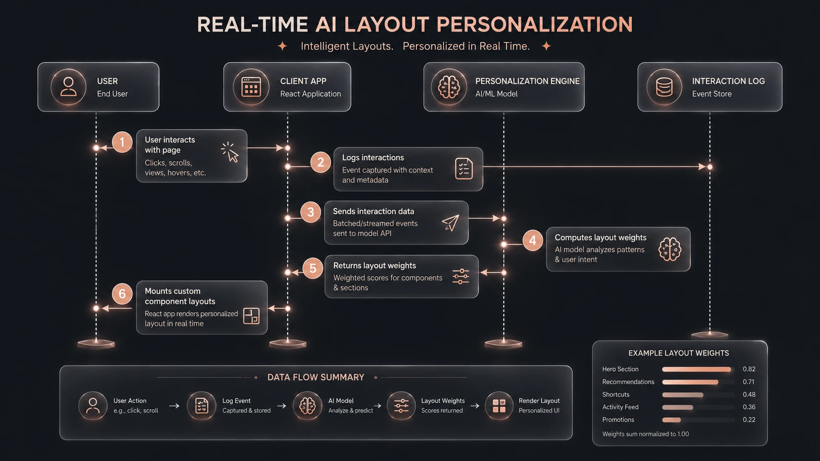 System architecture diagram and conceptual workflow layout for AI-Driven Personalization at Scale.