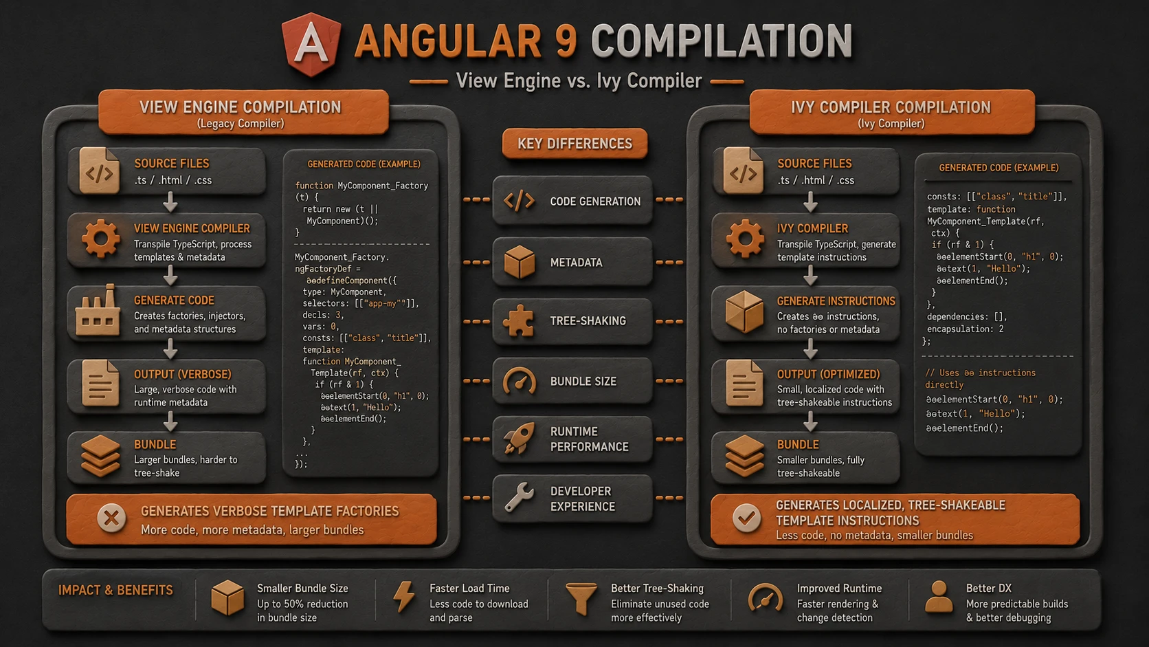 System architecture diagram and conceptual workflow layout for Angular 9.0: The Ivy Compiler, Bundle Size Reductions, and Compilation Speeds.