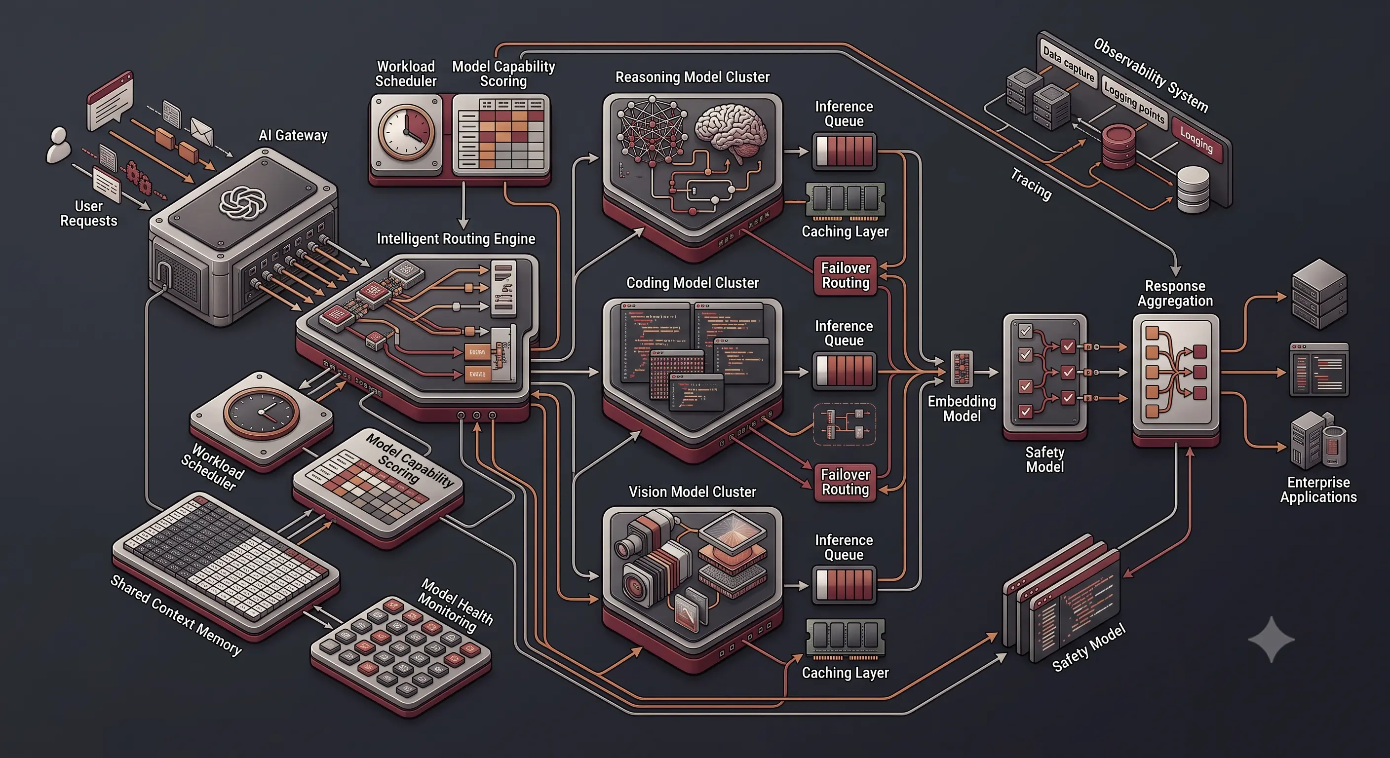 Enterprise AI architecture illustrating intelligent orchestration across multiple specialized language models, routing engines, shared memory, and production inference pipelines.