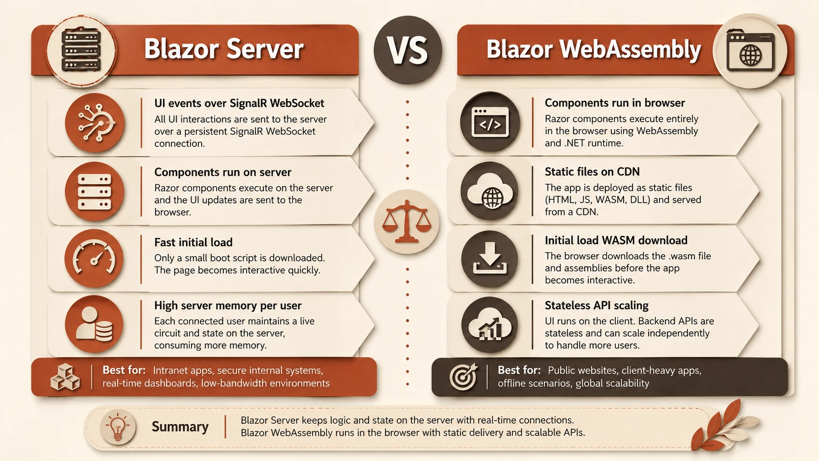 Comparison of Blazor Server and Blazor WebAssembly runtime and rendering pipelines.