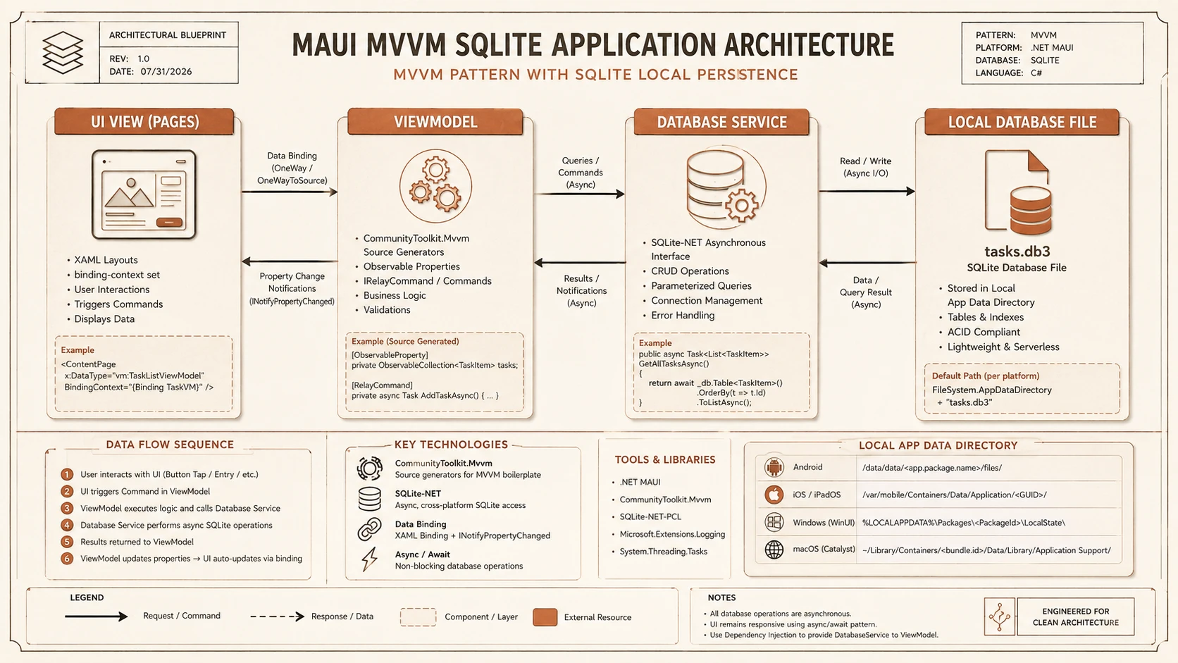 Architectural blueprint of a .NET MAUI MVVM application using SQLite local database storage.