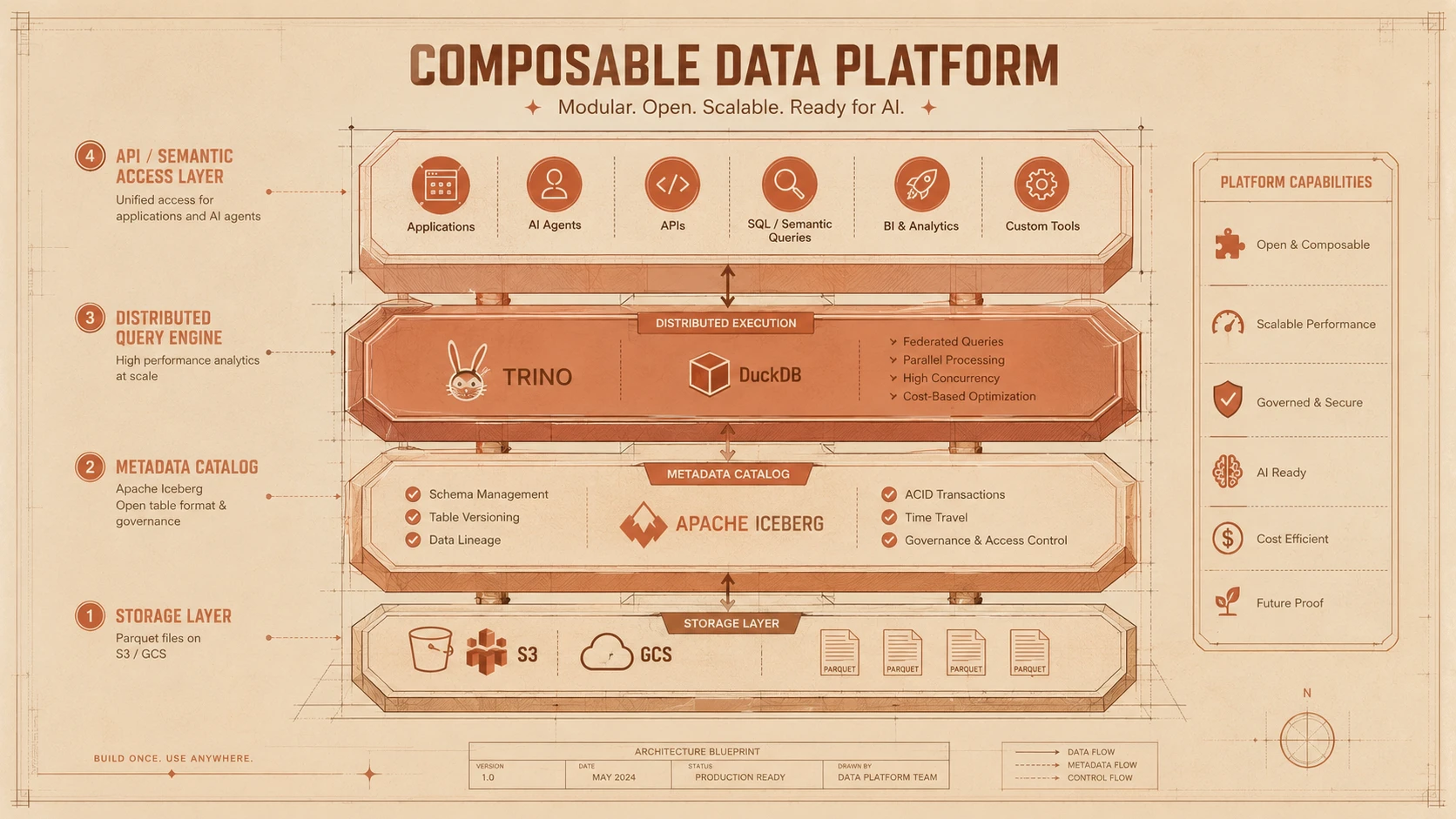 System architecture diagram and conceptual workflow layout for Composable Data Platforms.
