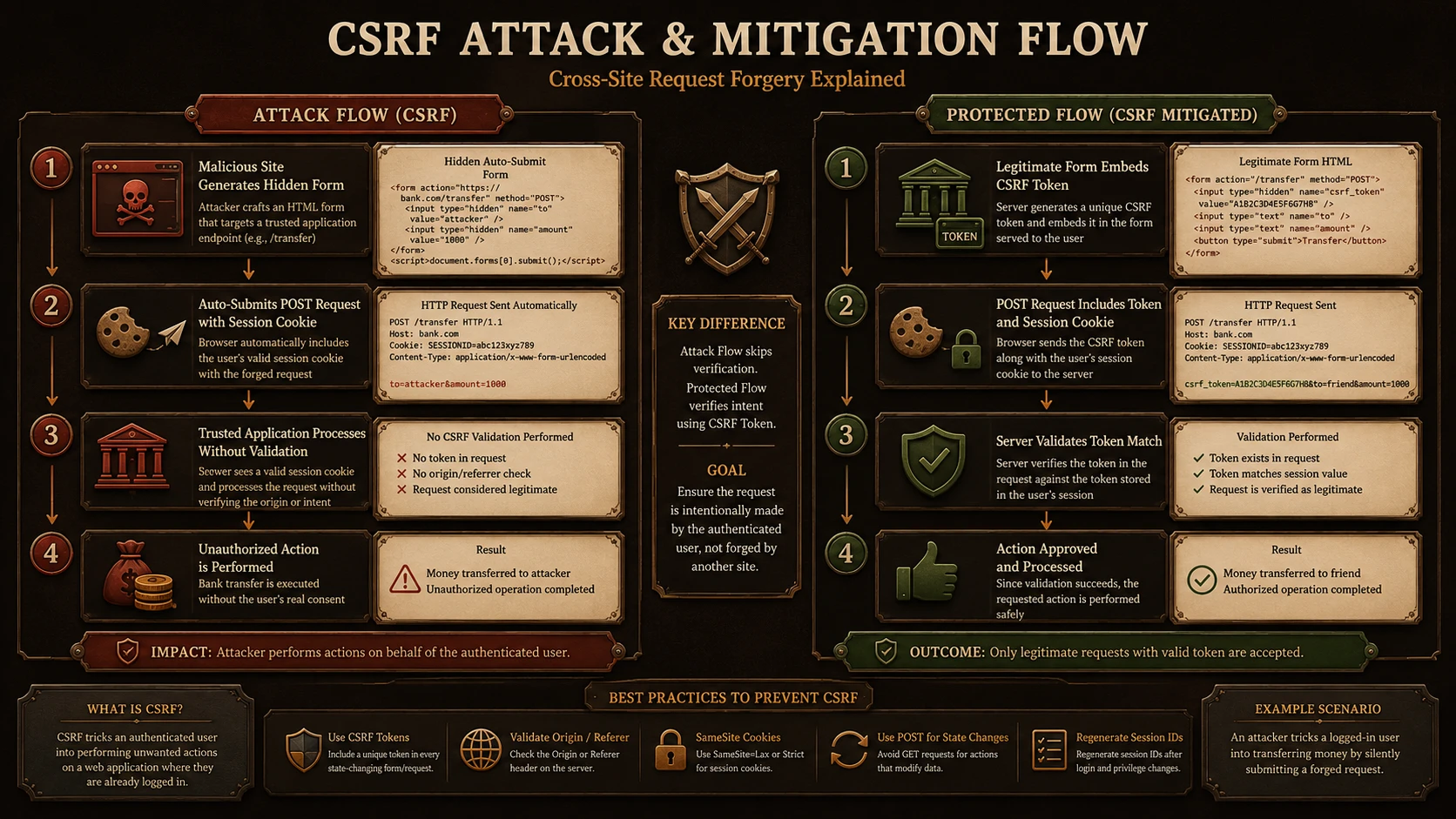 System architecture diagram and conceptual workflow layout for Cross-Site Request Forgery (CSRF).