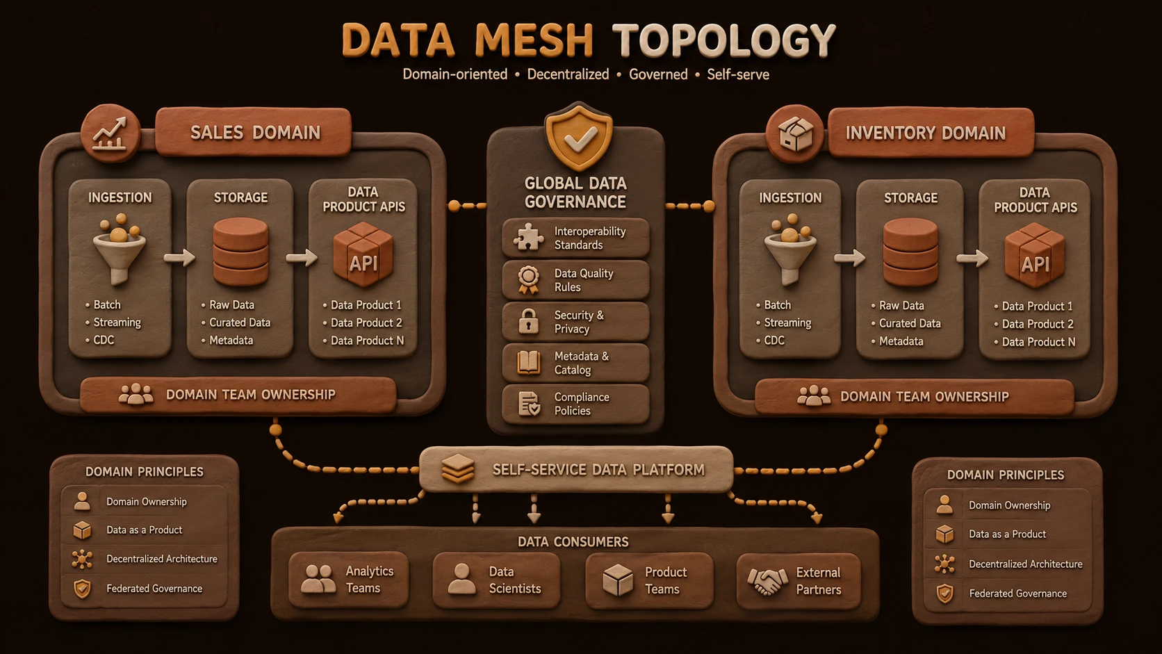 System architecture diagram and conceptual workflow layout for Data Mesh Adoption in Real Enterprises.