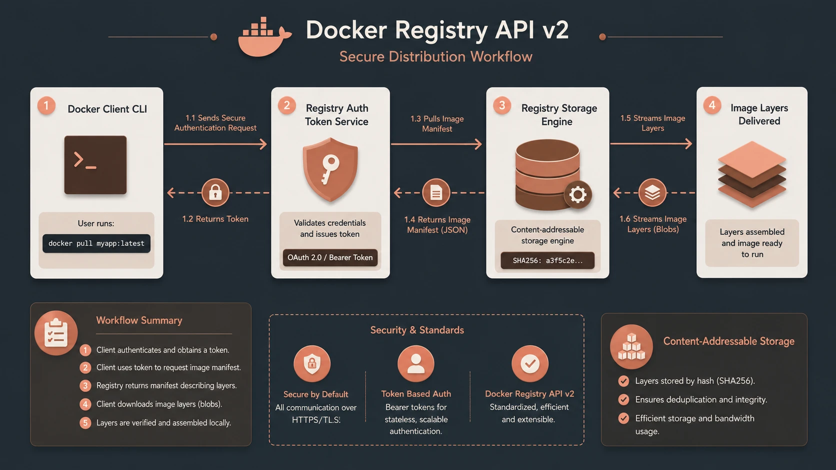 System architecture diagram and conceptual workflow layout for Docker 1.6: Engine Labels, Registry API v2, and Container Security Policies.