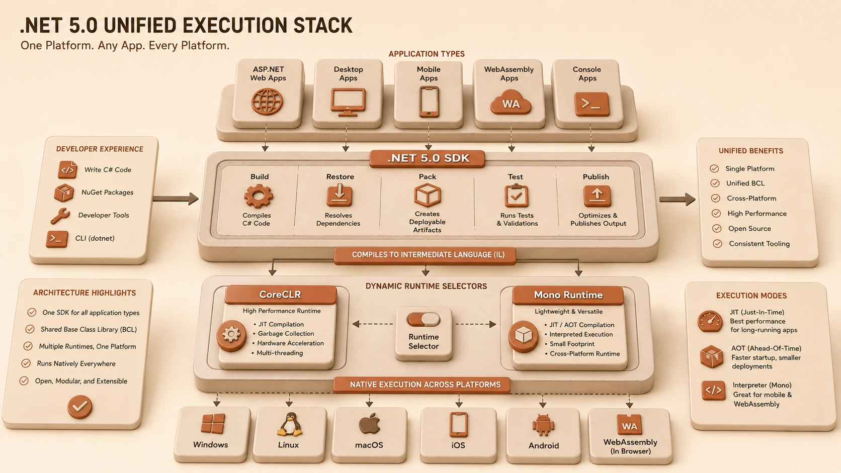 System architecture diagram and conceptual workflow layout for .NET 5.0 Release.
