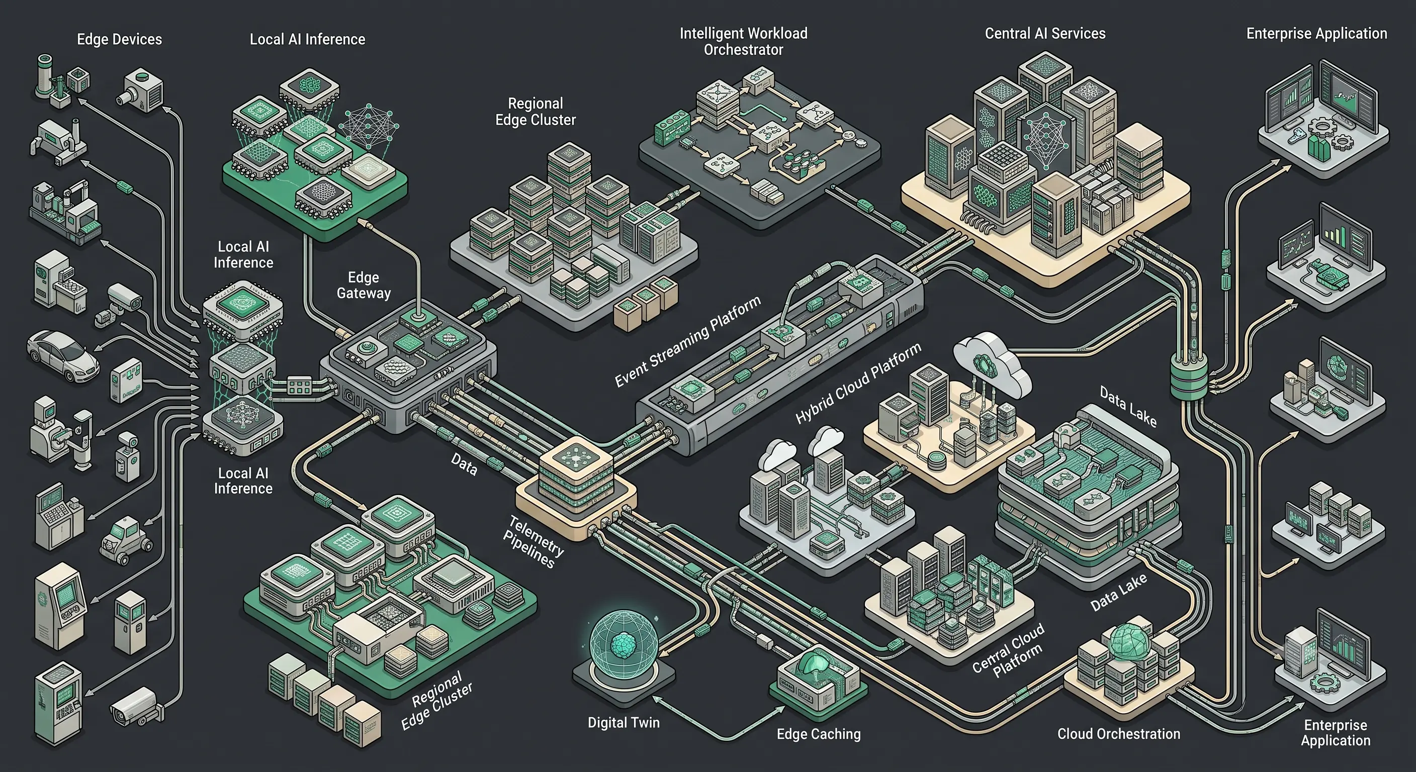 Enterprise Edge Cloud Continuum architecture illustrating intelligent workload orchestration from edge devices through regional edge nodes to centralized cloud data centres.