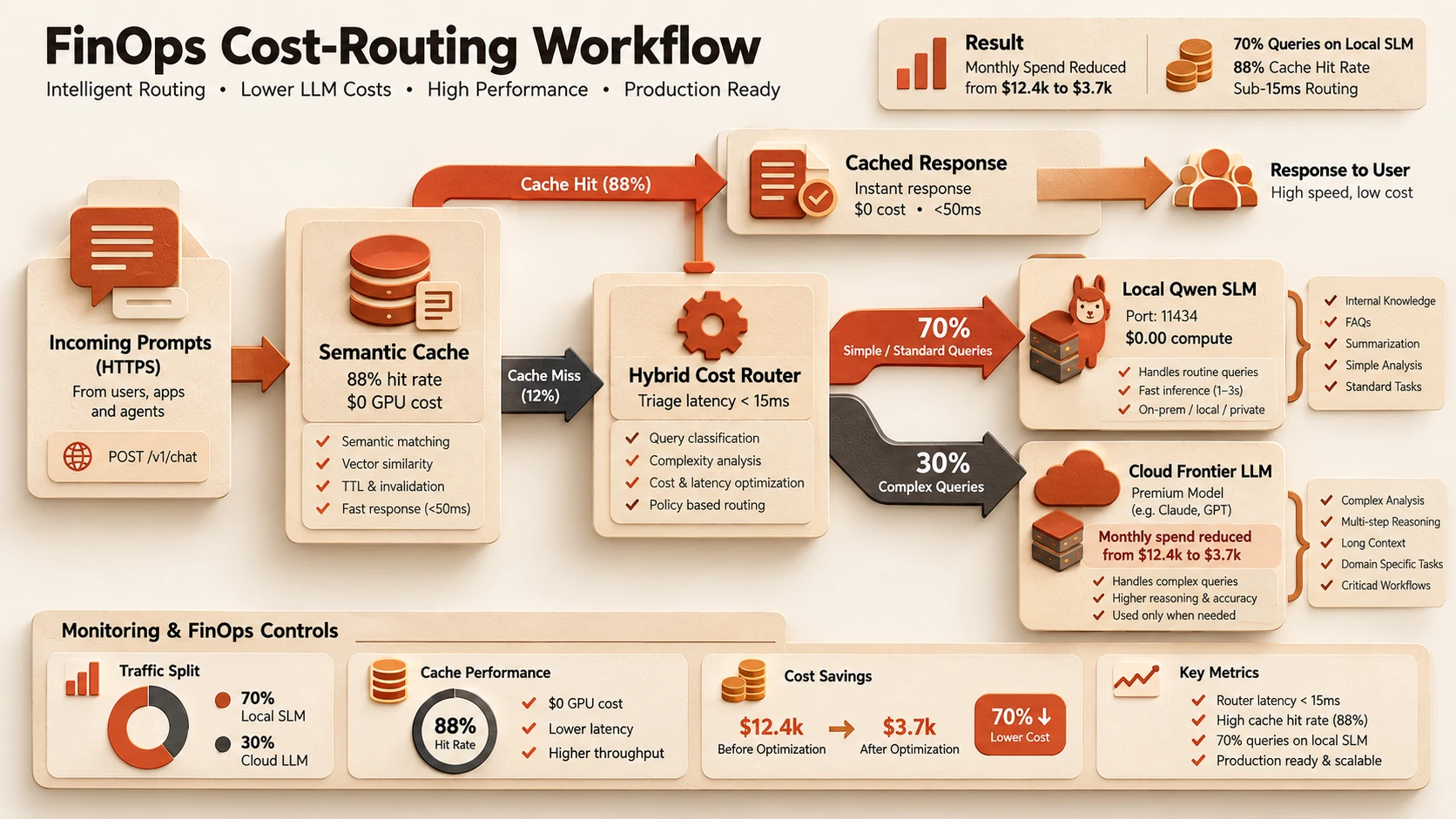 Hybrid routing and FinOps architecture illustrating semantic cache filtering and complexity-based model triage.