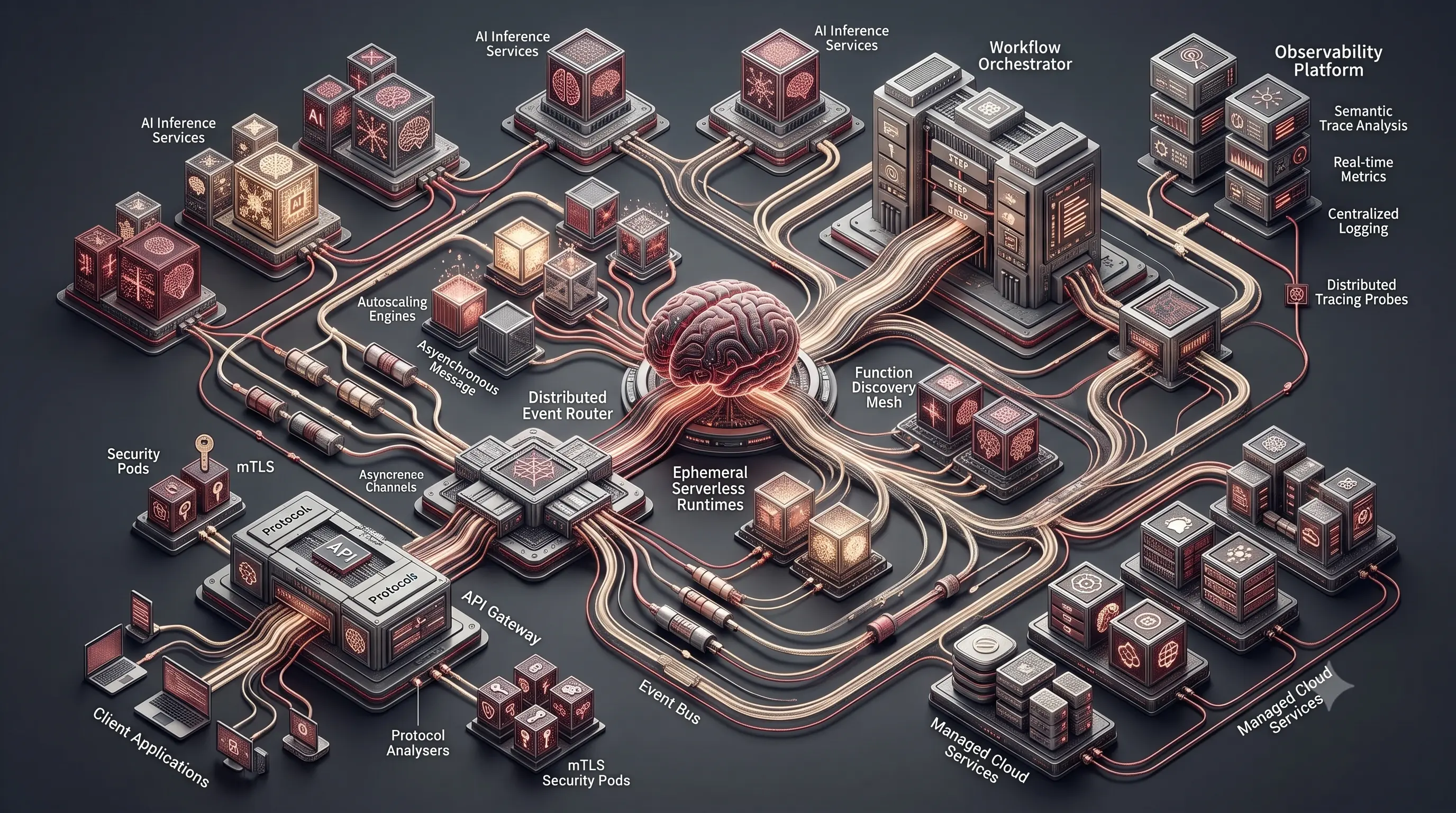 Enterprise serverless architecture illustrating function meshes, event-driven execution, serverless containers, intelligent orchestration, and cloud-native runtime automation.