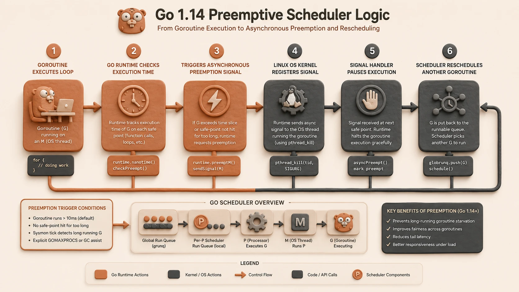 System architecture diagram and conceptual workflow layout for Go 1.14: Production Modules and Goroutine Preemptive Scheduling.