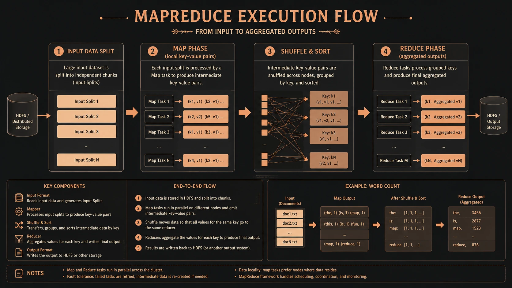 Distributed processing lifecycle dividing big data chunks into parallel mapper nodes.
