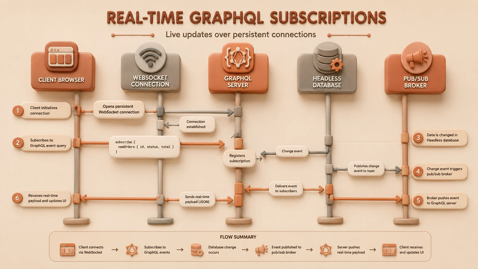 System architecture diagram and conceptual workflow layout for Headless + GraphQL + Real-Time.