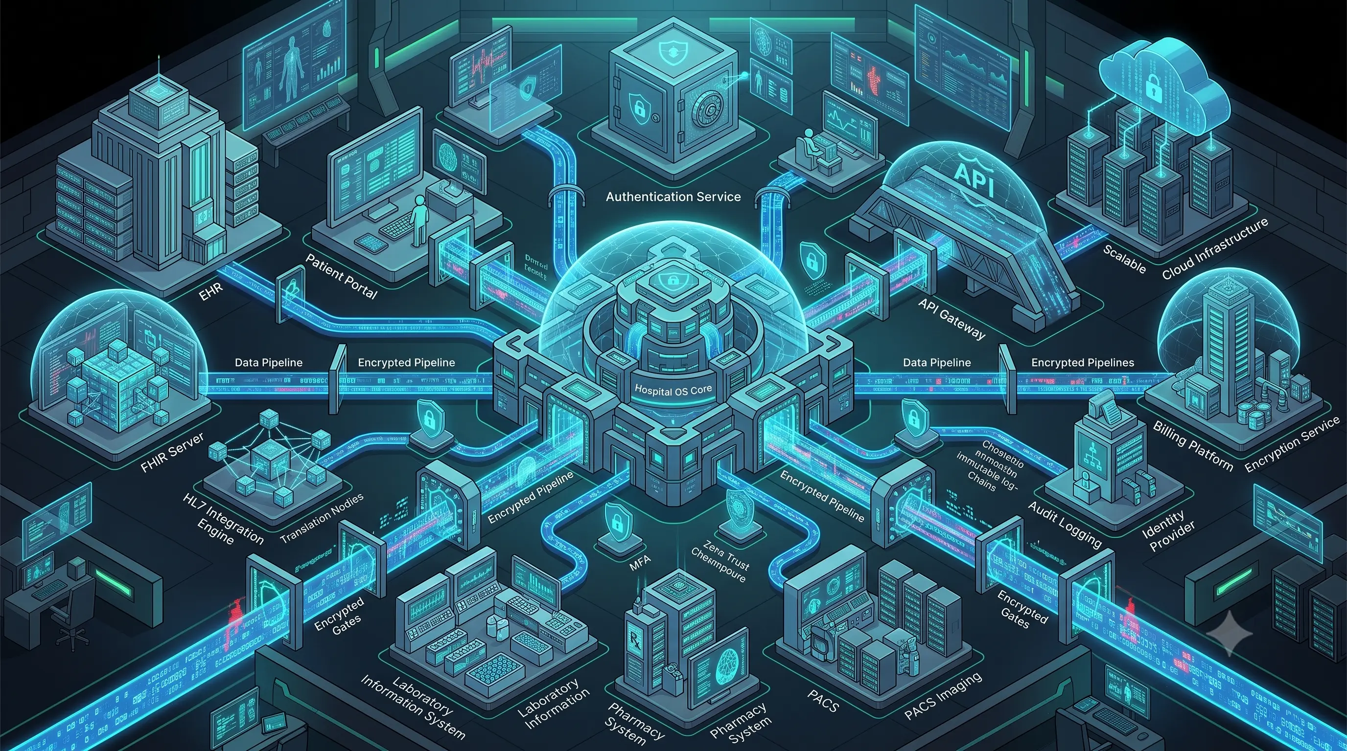 Reference architecture of a HIPAA-compliant Hospital Operating System featuring secure patient data, encrypted APIs, FHIR interoperability, identity management, and zero-trust security controls.