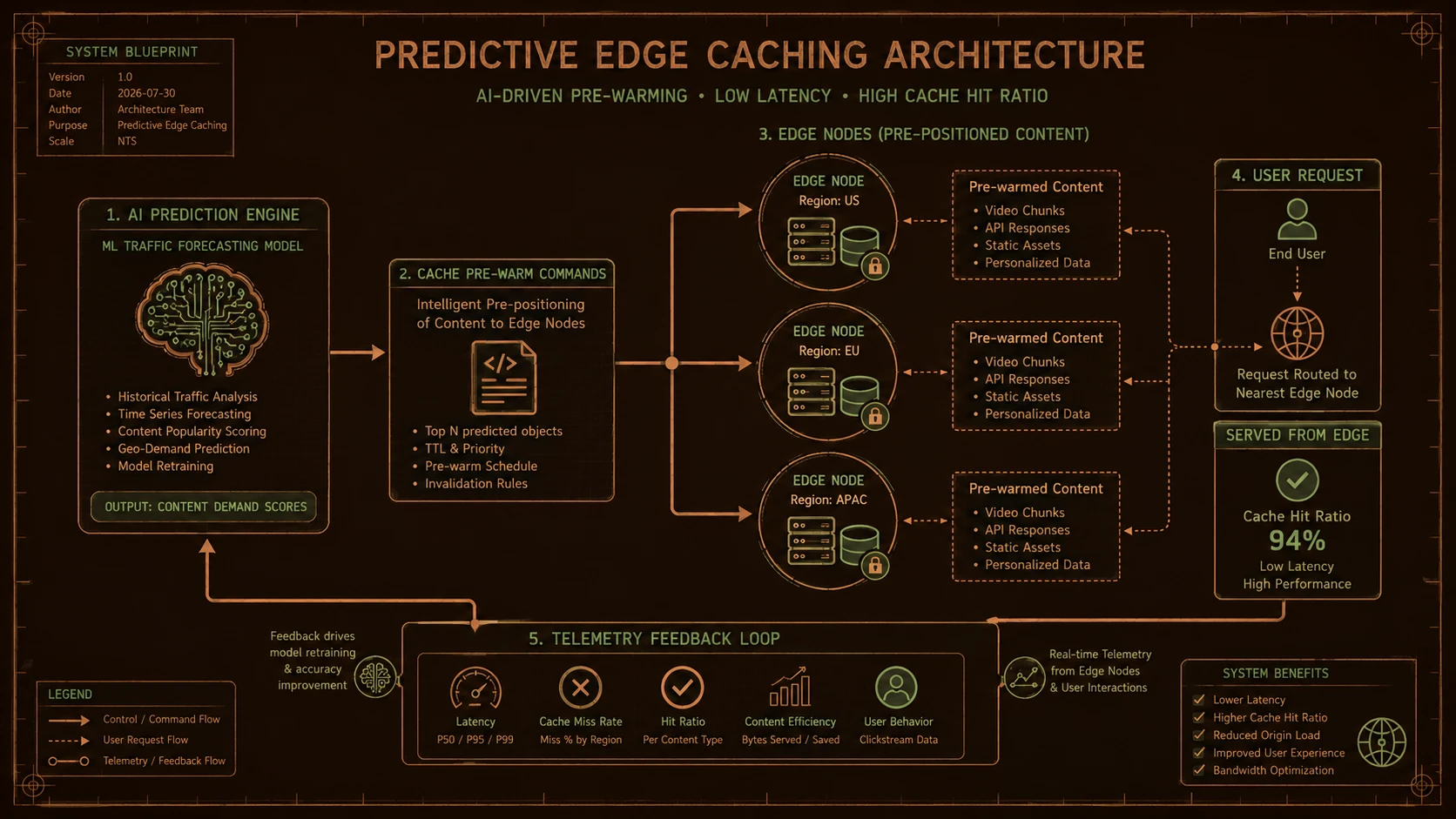 System architecture diagram and conceptual workflow layout for Intelligent Caching with Predictive Edge Logic.