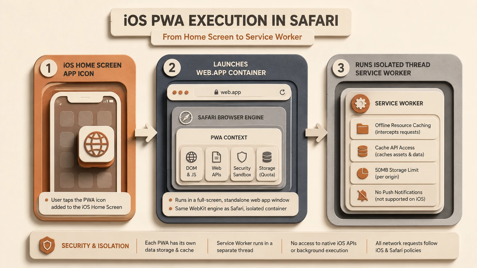 System architecture diagram and conceptual workflow layout for iOS 11.3: Safari Native Service Workers and PWA Support.