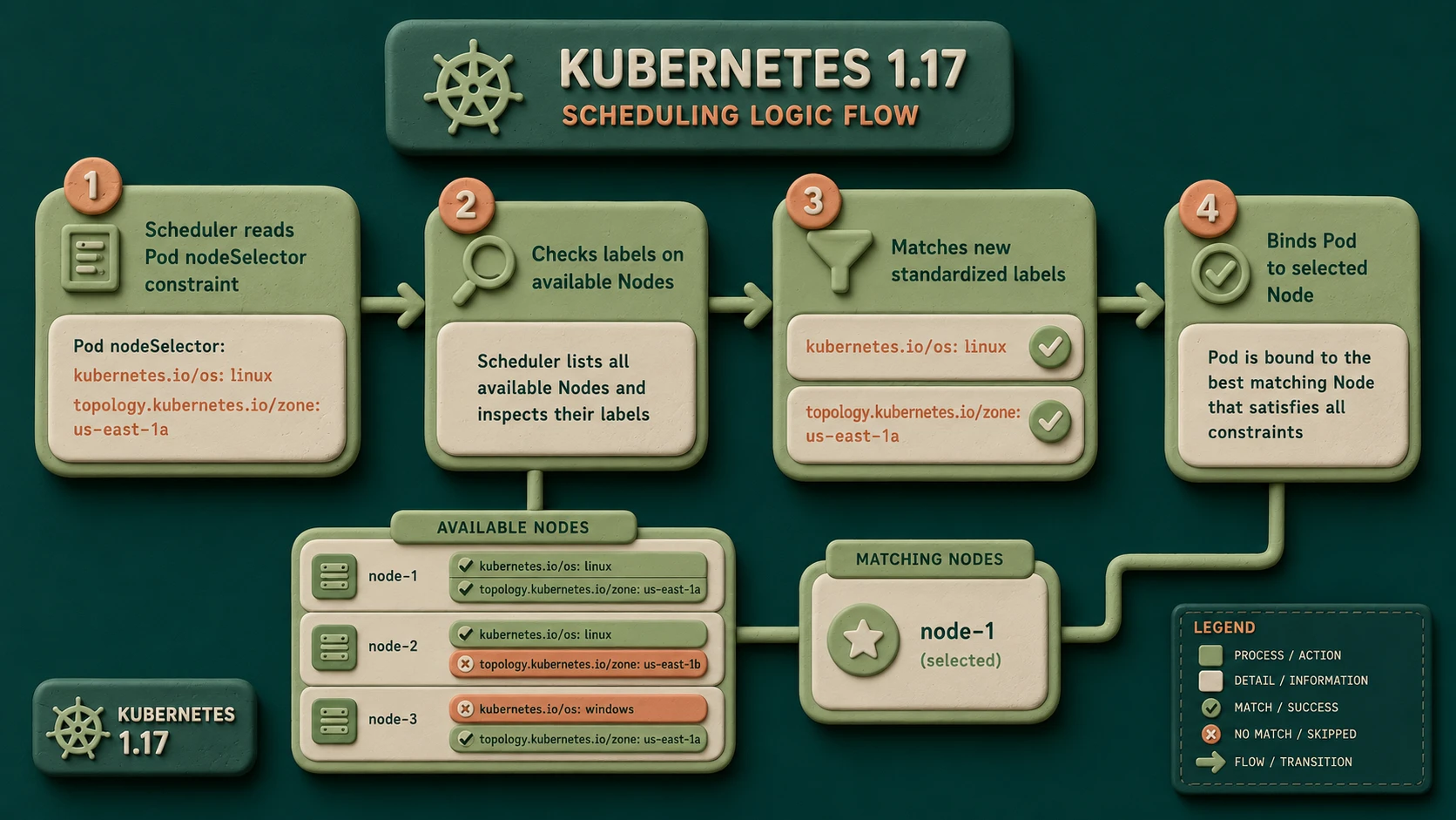 System architecture diagram and conceptual workflow layout for Kubernetes 1.17.