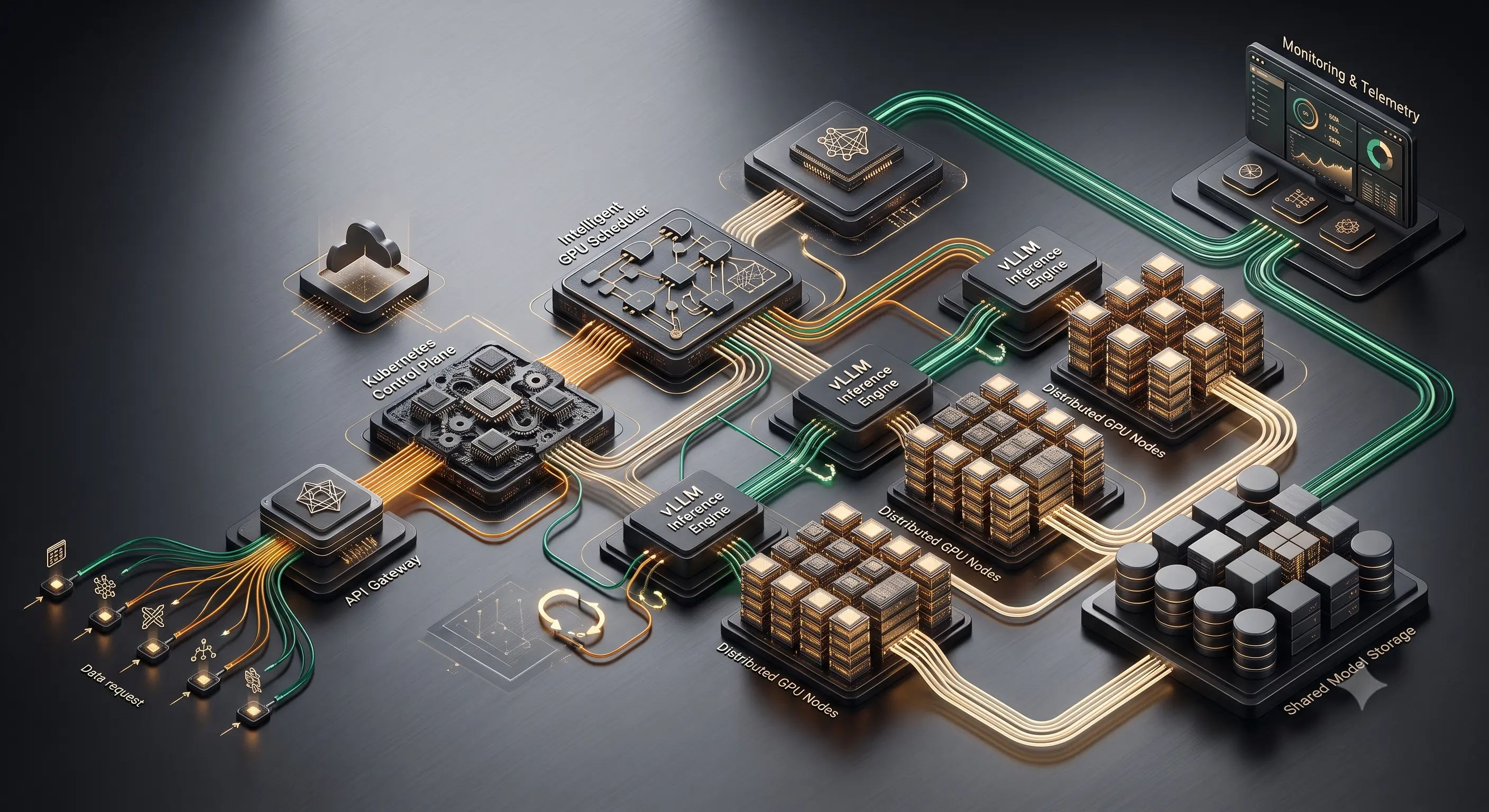 Enterprise AI infrastructure architecture showing Kubernetes orchestrating GPU clusters and vLLM inference engines for scalable, high-throughput LLM serving.