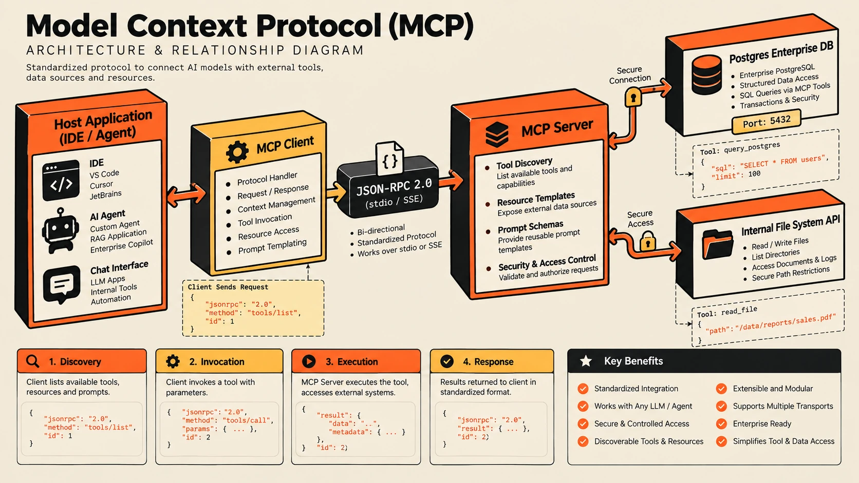 MCP architecture showing JSON-RPC 2.0 communication between Host Client, MCP Client, and modular MCP Servers.