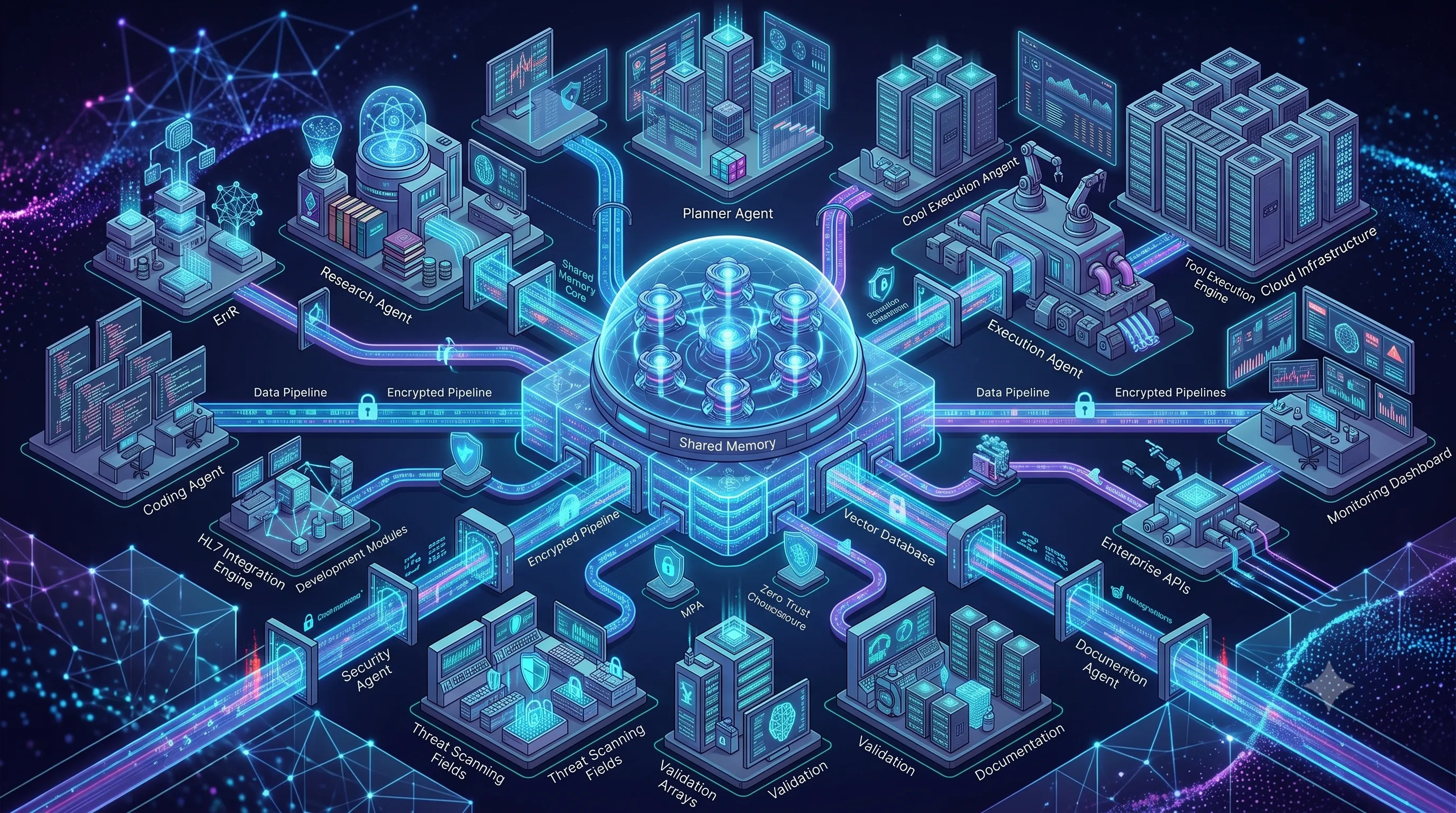 An enterprise multi-agent architecture diagram visualizing an Agentic Swarm powered by multiple Hermes AI models. Show a central Swarm Orchestrator coordinating Planner, Research, Coding, Security, Validation, Documentation, and Execution agents connected through a shared memory layer, vector database, tool execution engine, enterprise APIs, monitoring dashboard, and cloud infrastructure. Display parallel data flows, secure communication channels, distributed reasoning pathways, modern isometric 3D enterprise technology style, dark background with neon blue and purple highlights, premium AI platform aesthetic, no text labels, no logos, no watermark.