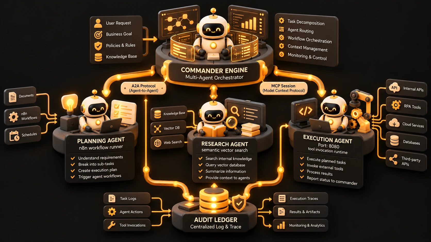 Multi-agent Commander Architecture showing task delegation across specialized agents using A2A and MCP protocols.