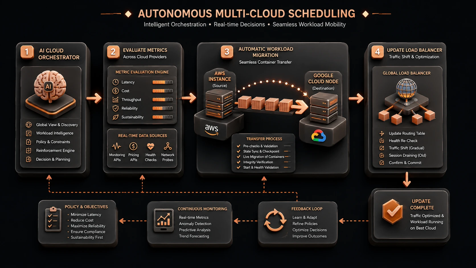 System architecture diagram and conceptual workflow layout for Multi-Cloud Intelligence and Autonomous Systems.