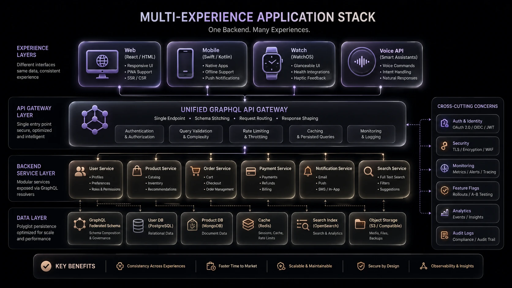 System architecture diagram and conceptual workflow layout for Multi-Experience Apps.