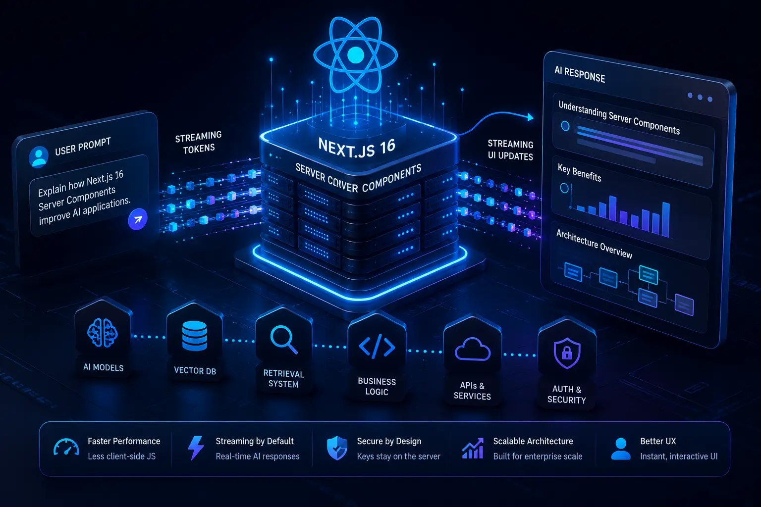 Next.js 16 Server Components streaming AI architecture with React Server Components, server-side LLM execution, and real-time UI updates.