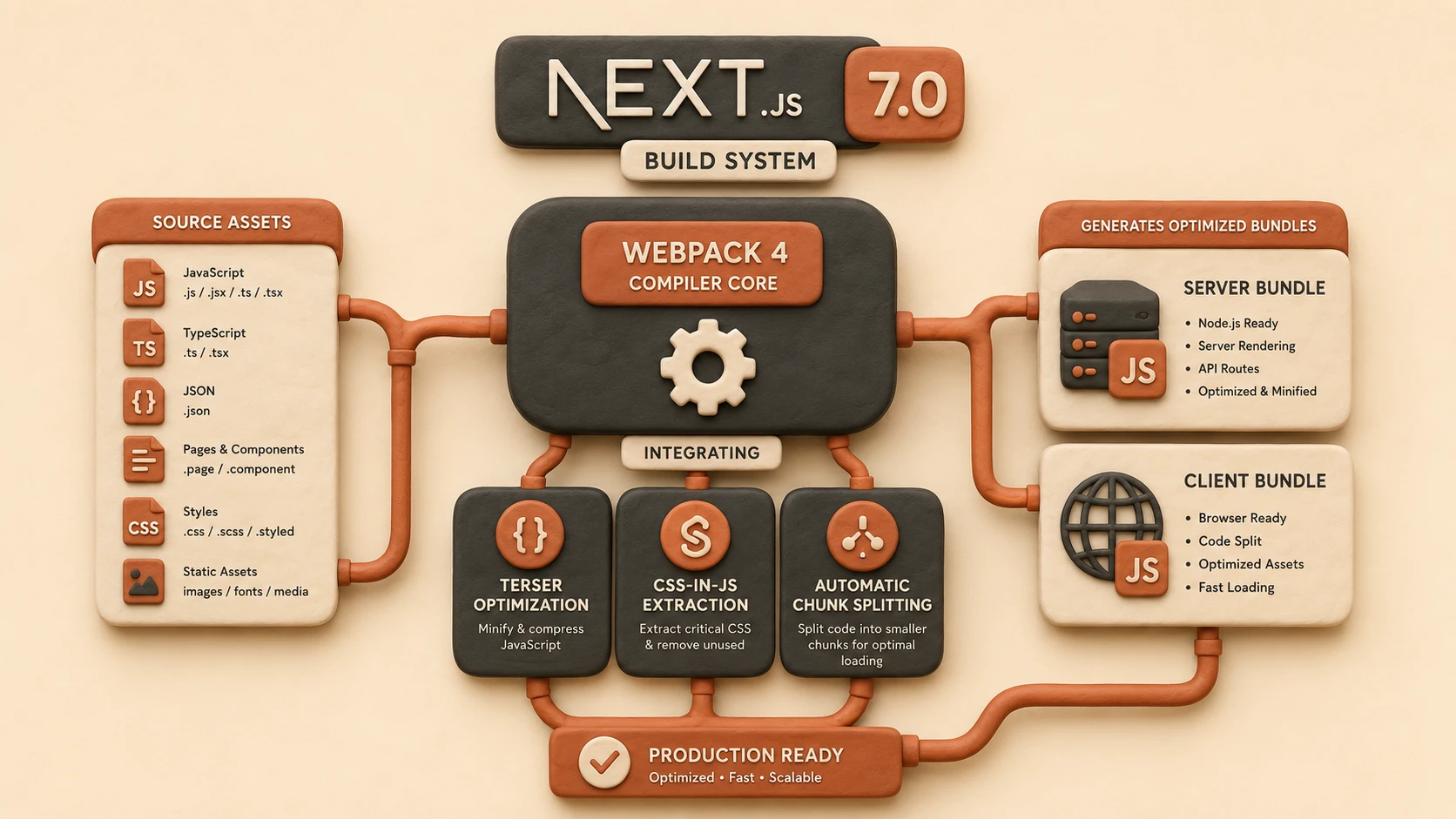 System architecture diagram and conceptual workflow layout for Next.js 7.0: Webpack 4.0 Integration and Optimized Bundle Compilation.