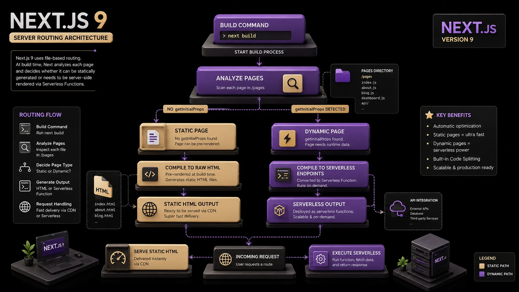 System architecture diagram and conceptual workflow layout for Next.js 9.0: Native API Routes, Automatic Static Optimization, and TypeScript Integration.