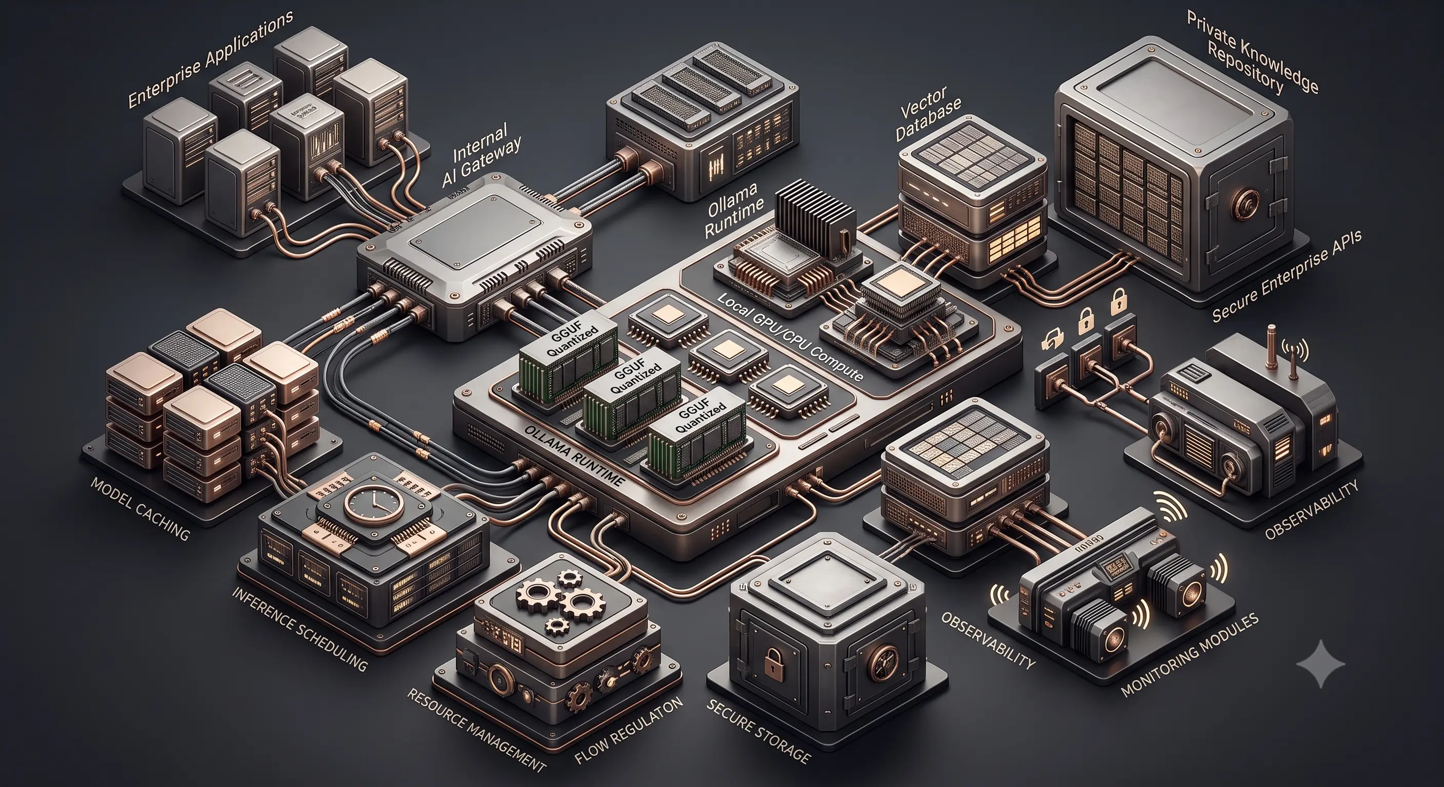 Enterprise AI architecture illustrating secure local LLM deployment with Ollama, quantized models, GPU acceleration, private inference, and protected enterprise integrations.