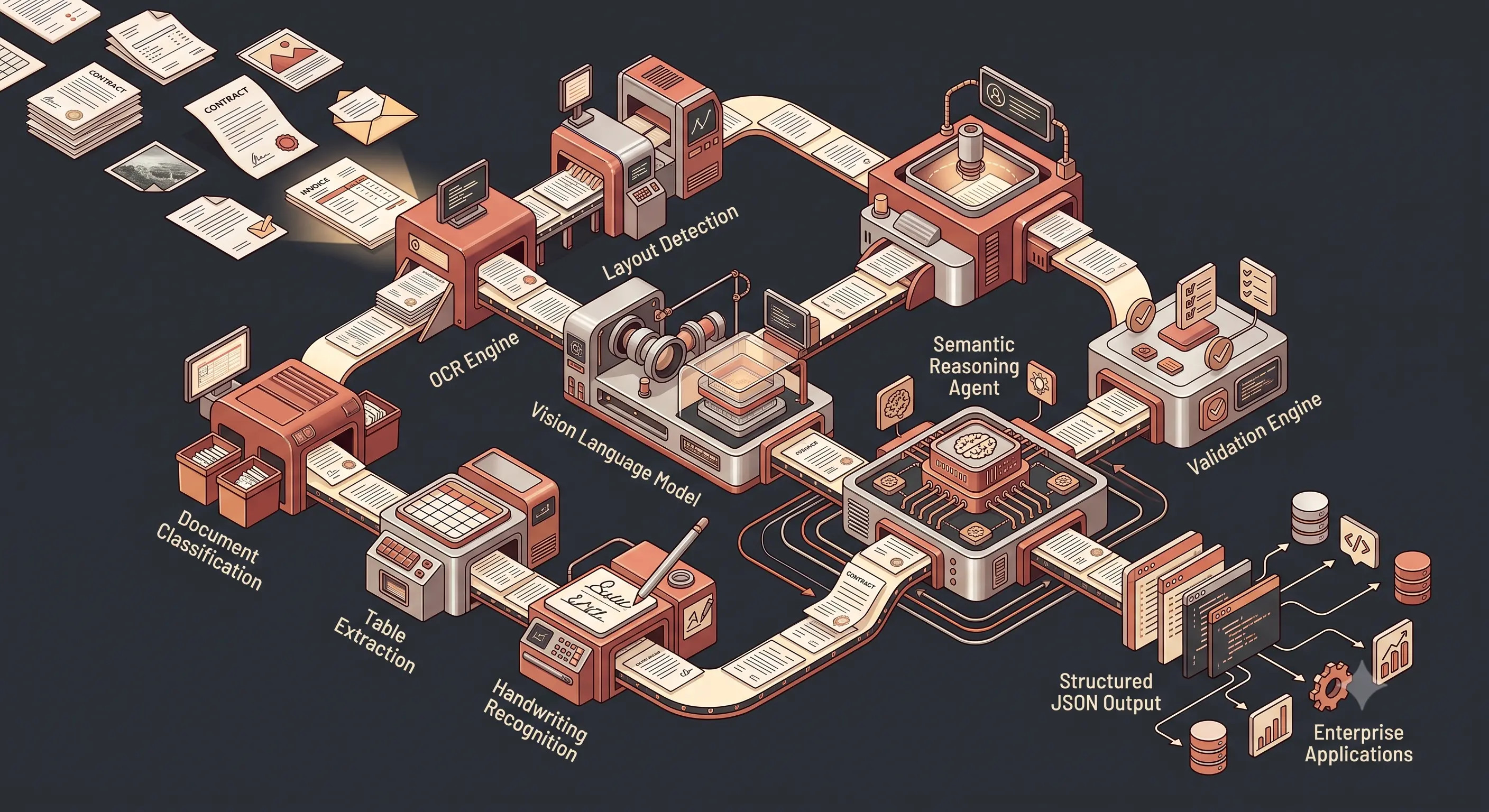 Technical architecture illustrating a multimodal Document AI pipeline where specialized AI agents perform OCR, layout analysis, entity extraction, semantic reasoning, validation, and structured enterprise data generation.