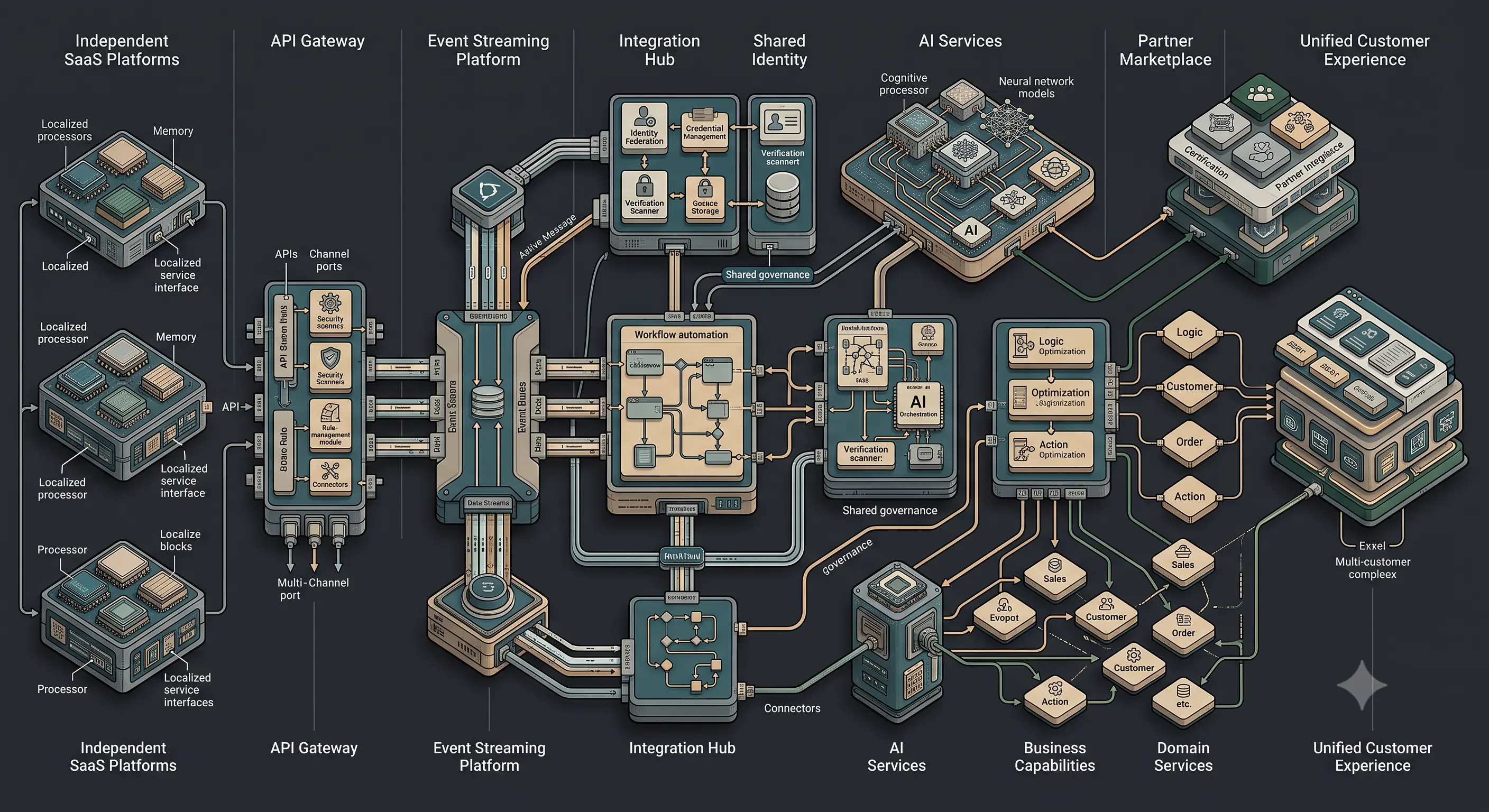 Enterprise platform ecosystem architecture illustrating interconnected SaaS platforms, APIs, event streams, partner services, AI capabilities, and composable business ecosystems operating as a unified System-of-Systems.