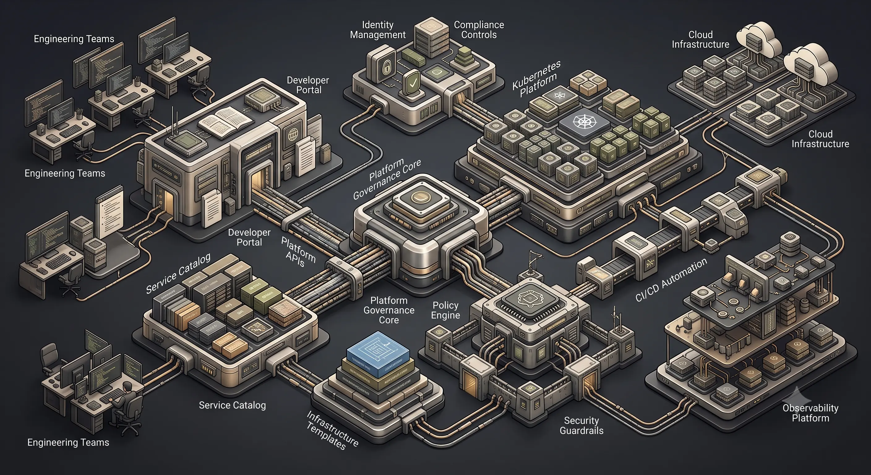 Enterprise platform engineering architecture illustrating governance policies, self-service developer platforms, infrastructure automation, security guardrails, and operational standardization.