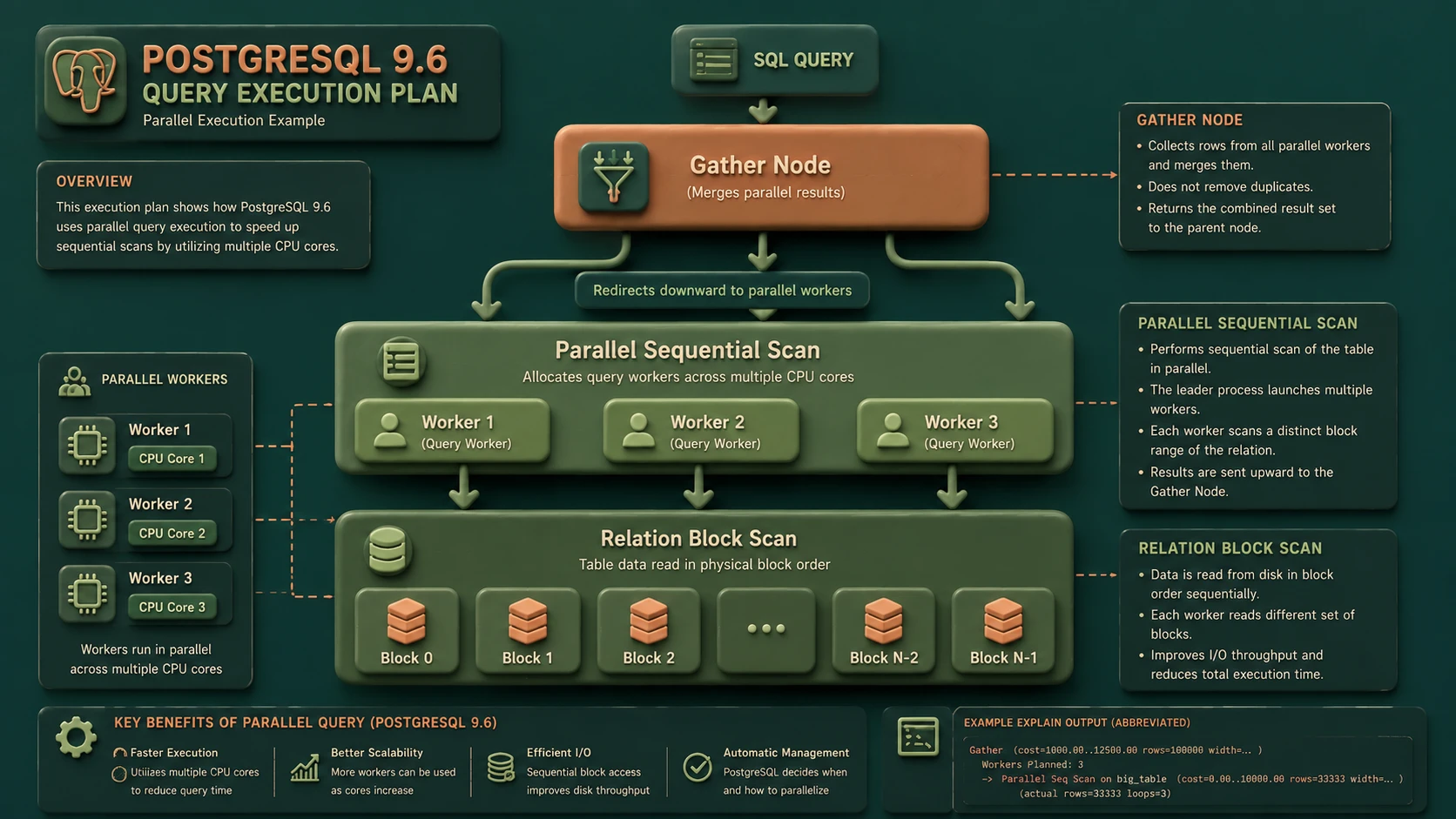 System architecture diagram and conceptual workflow layout for PostgreSQL 9.6: Parallel Query Execution and Scale-Out Architecture.