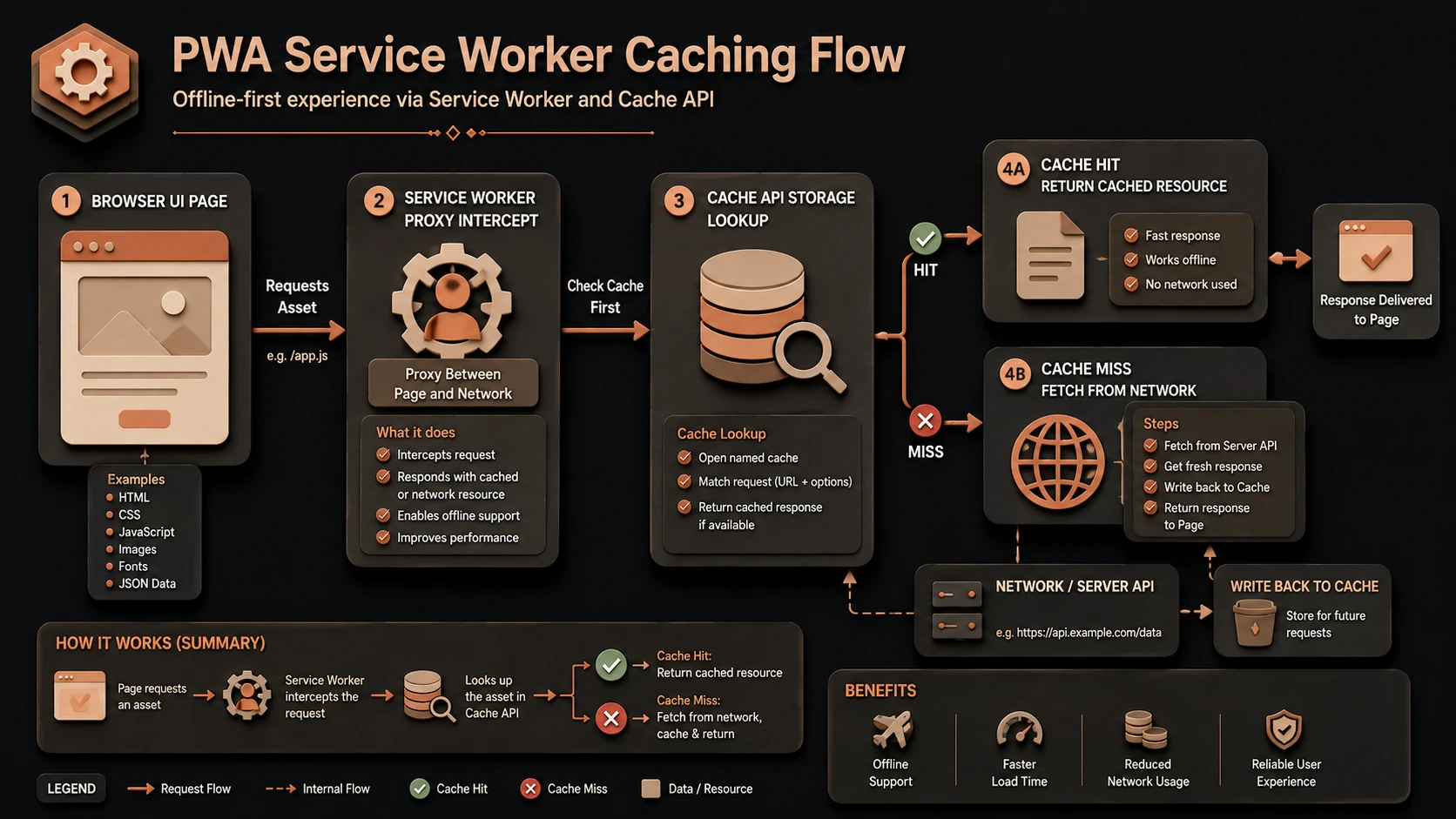 System architecture diagram and conceptual workflow layout for Progressive Web Apps.