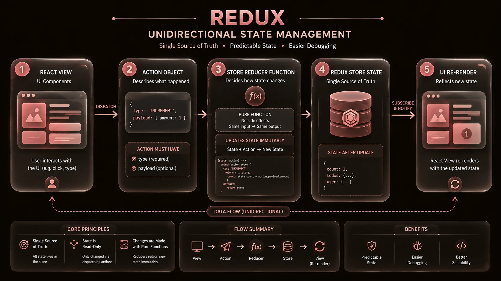 System architecture diagram and conceptual workflow layout for Redux 3.0: Standardizing State Management inside React Single Page Applications.