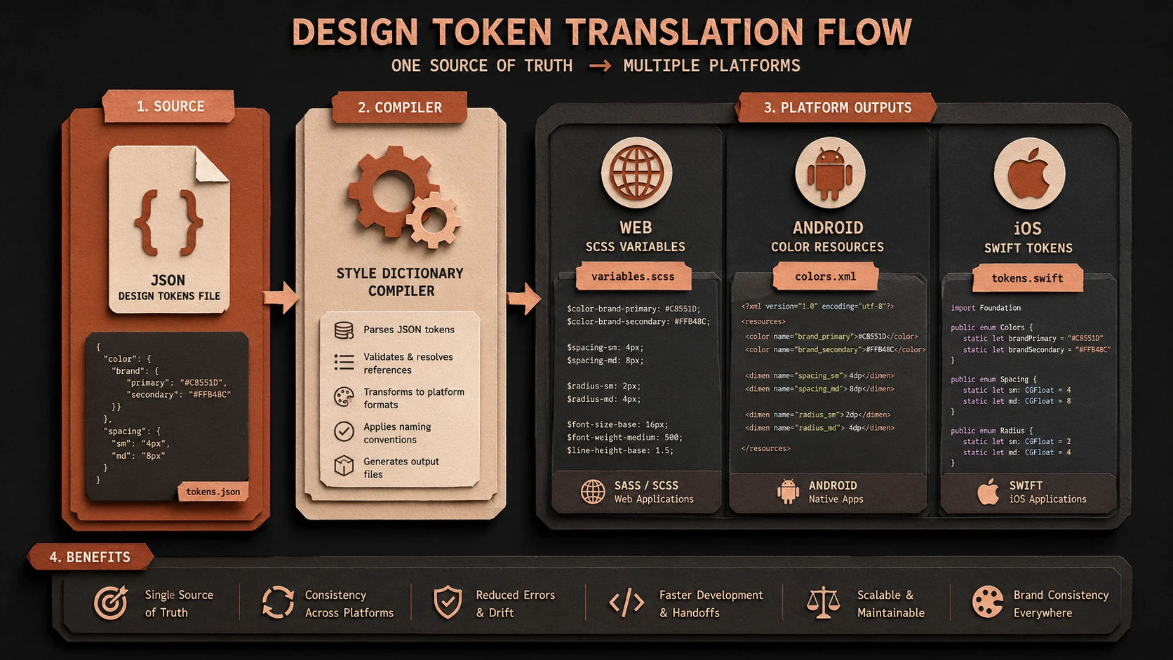 System architecture diagram and conceptual workflow layout for The Rise of Design Tokens and Scalable UX.