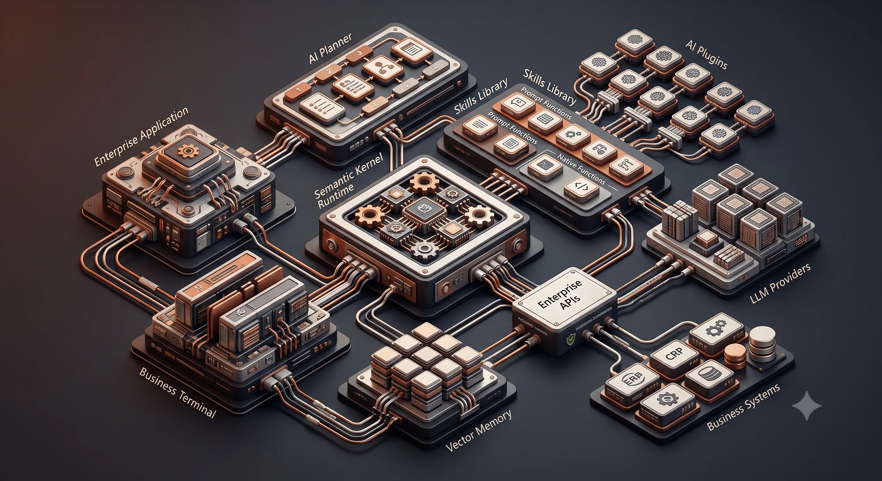 Enterprise .NET architecture illustrating Microsoft Semantic Kernel orchestrating cognitive skills, AI plugins, memory, planners, and enterprise services for intelligent business applications.