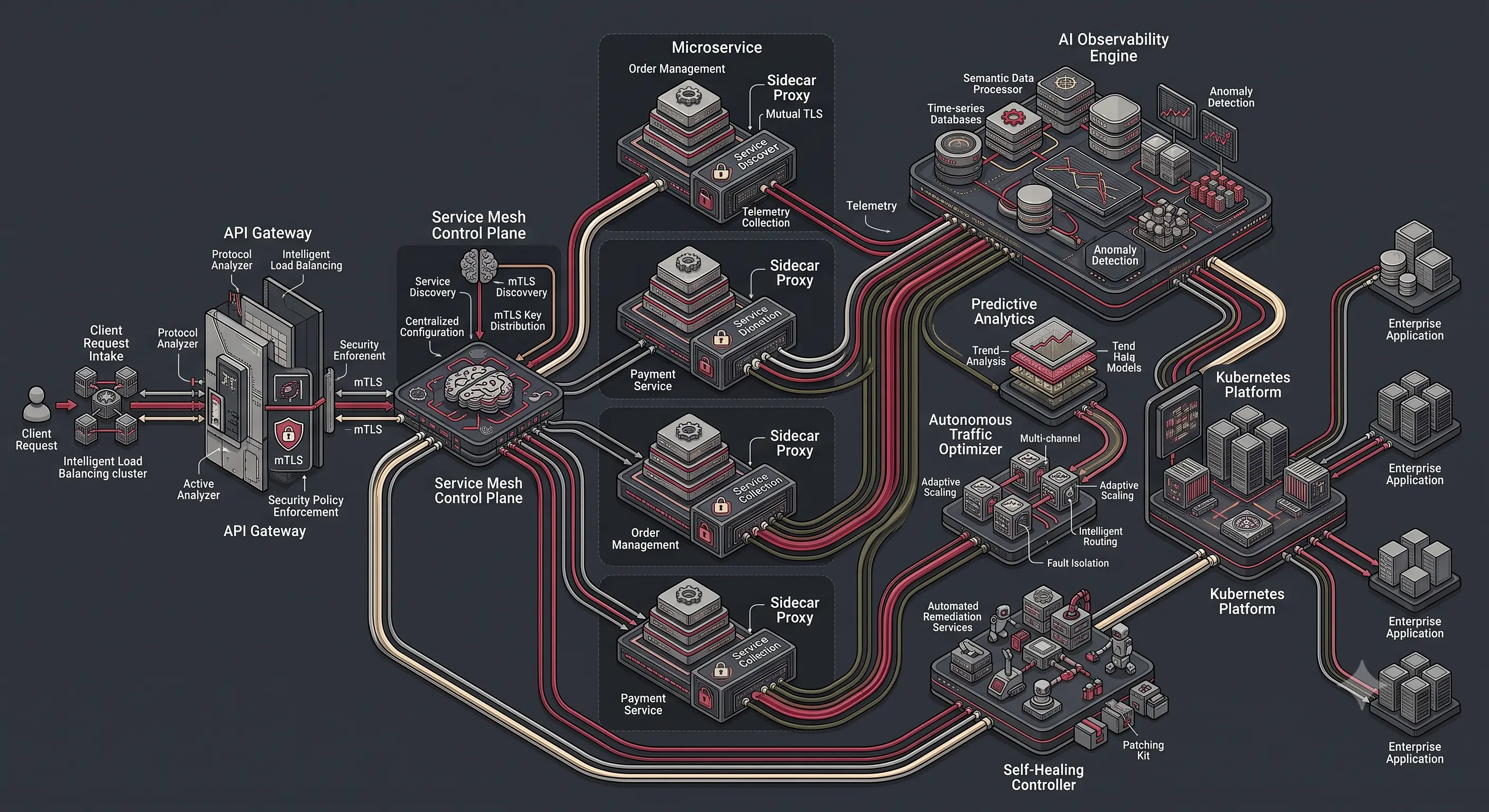 Enterprise Service Mesh architecture illustrating AI-driven traffic optimization, intelligent service discovery, autonomous remediation, predictive scaling, and self-healing cloud-native microservices.