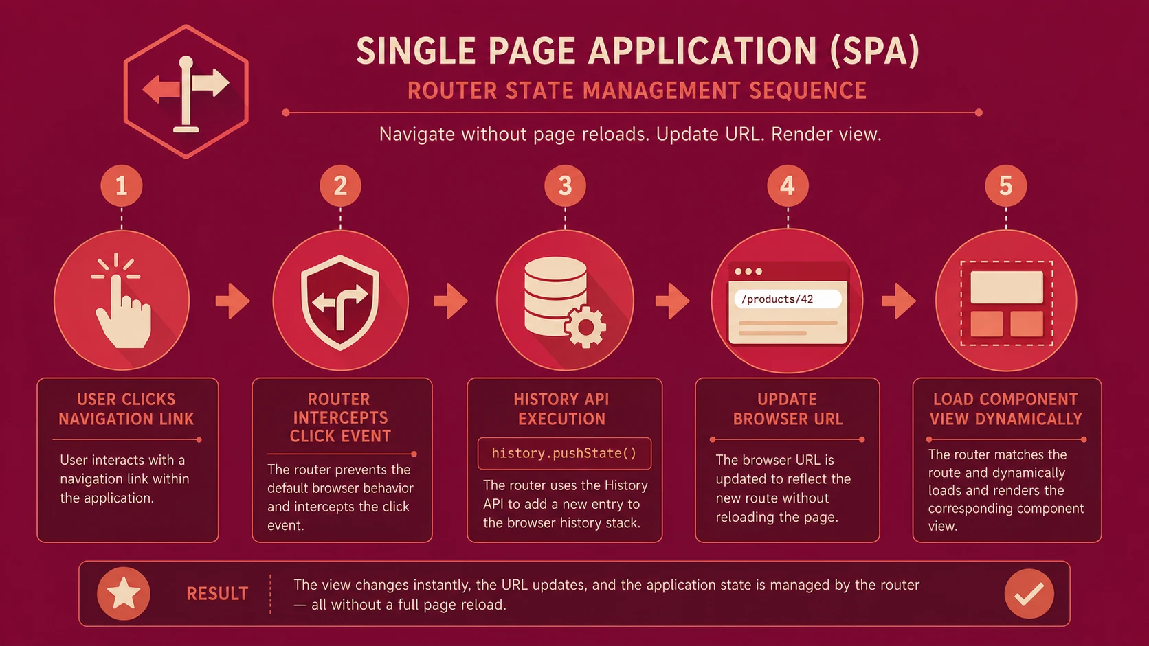 System architecture diagram and conceptual workflow layout for Single Page Application Routing.