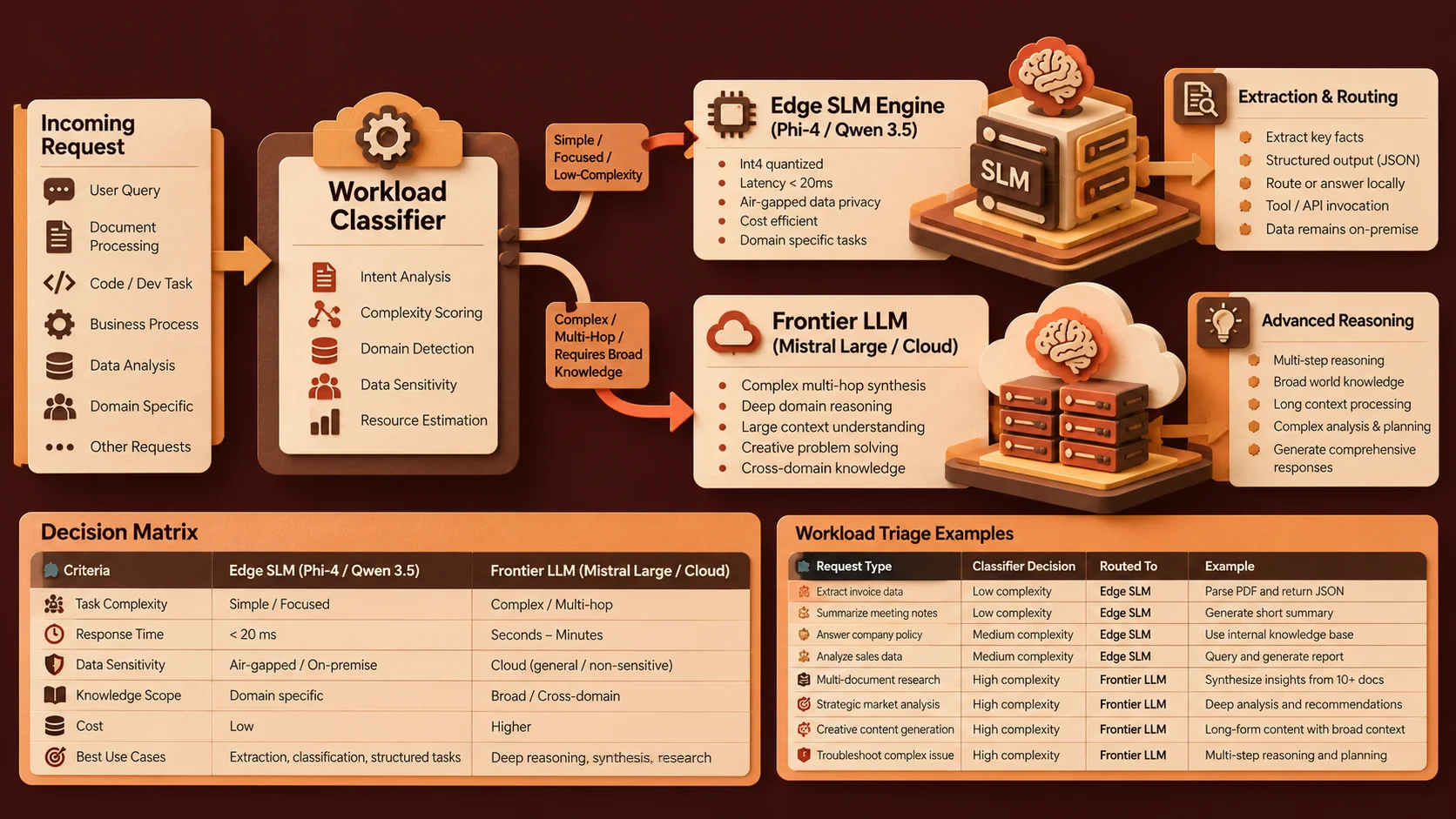Enterprise workload decision matrix routing latency-sensitive tasks to local SLMs and complex reasoning to frontier LLMs.