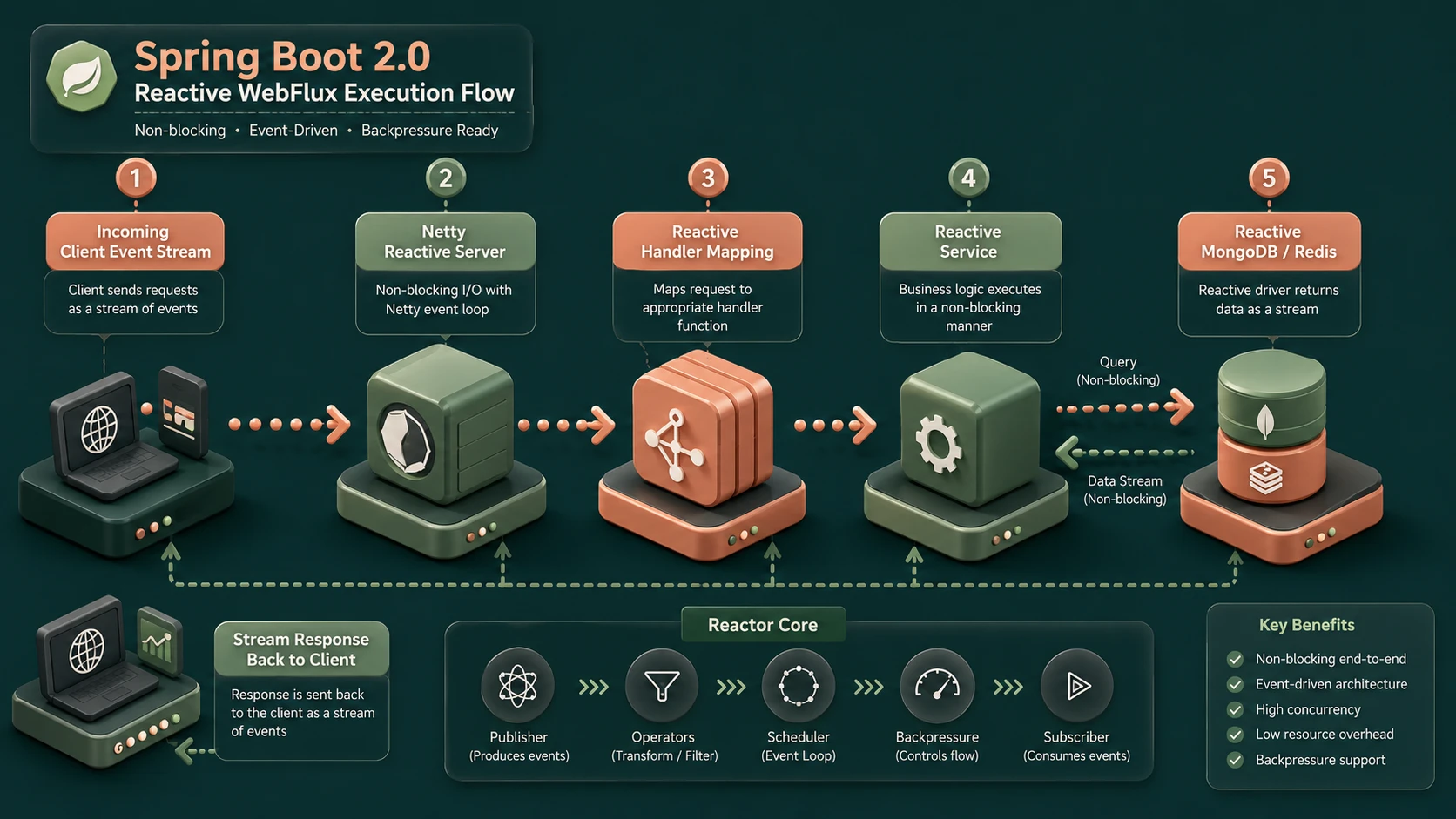 System architecture diagram and conceptual workflow layout for Spring Boot 2.0.