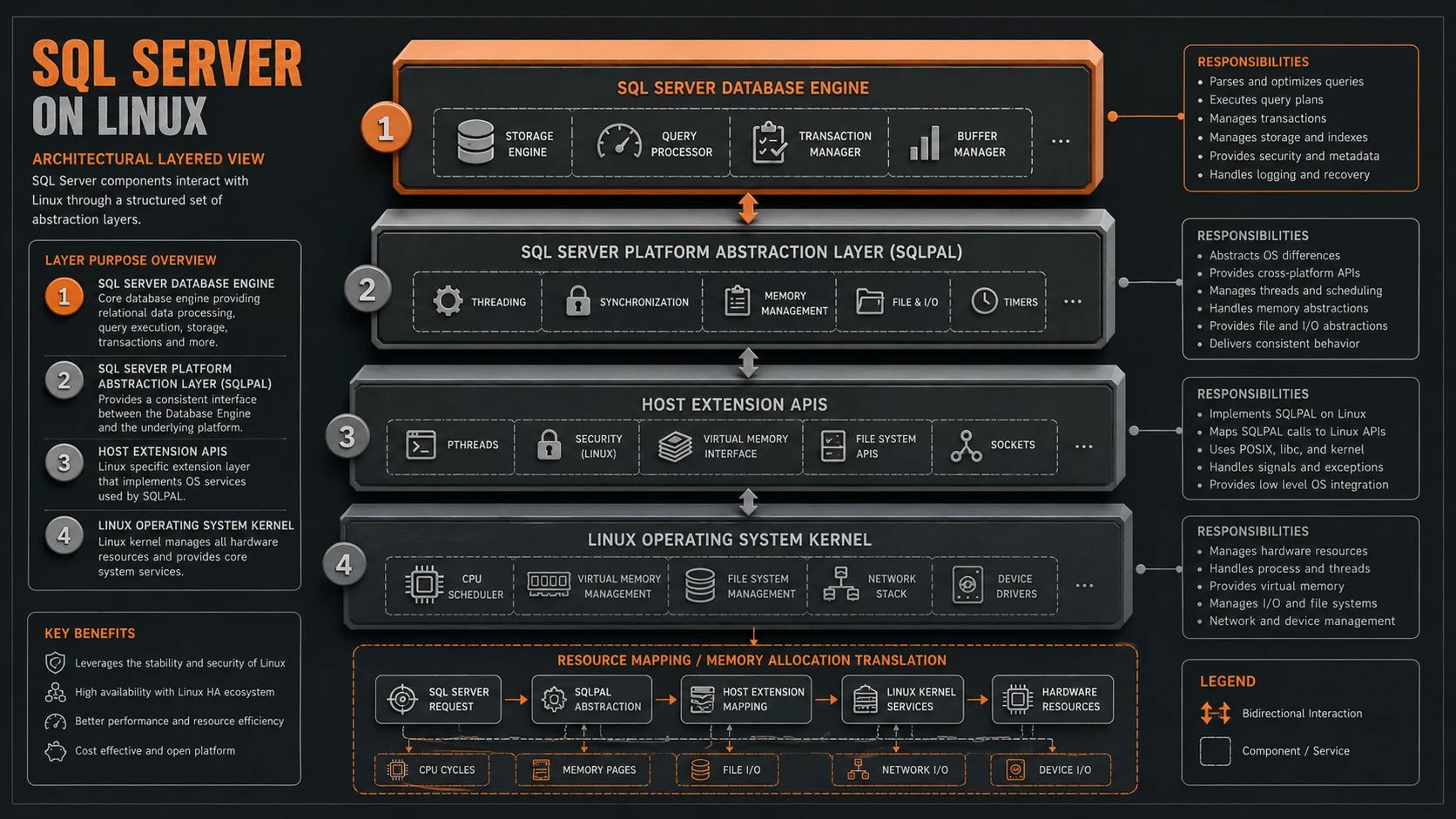 System architecture diagram and conceptual workflow layout for SQL Server on Linux.