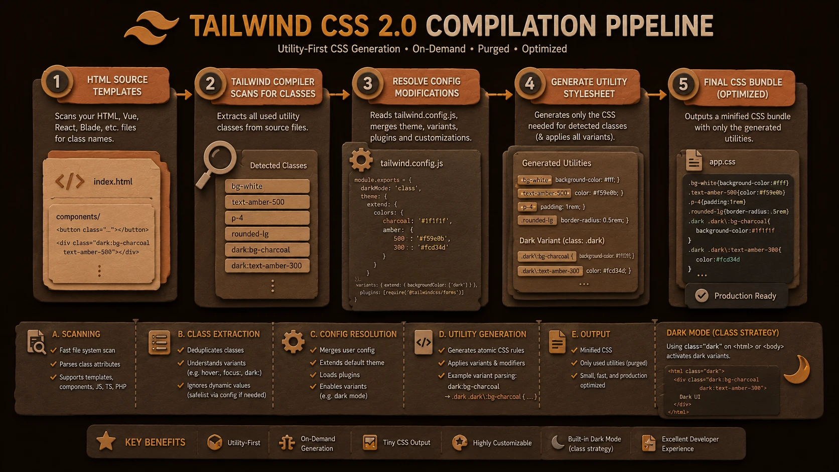 System architecture diagram and conceptual workflow layout for Tailwind CSS 2.0.