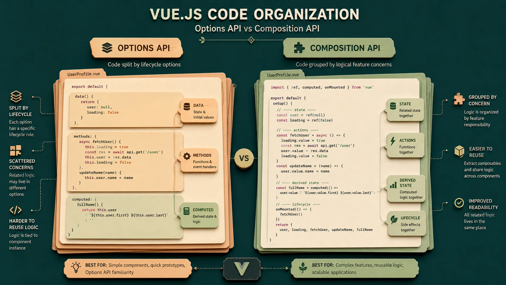 System architecture diagram and conceptual workflow layout for Vue.js 3.0 Composition API RFC.