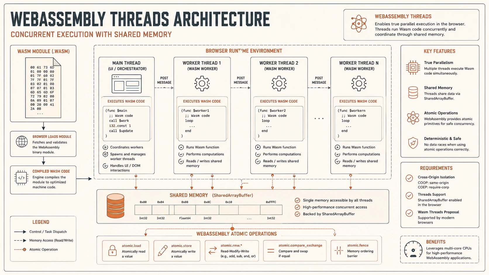 System architecture diagram and conceptual workflow layout for WebAssembly Threads.