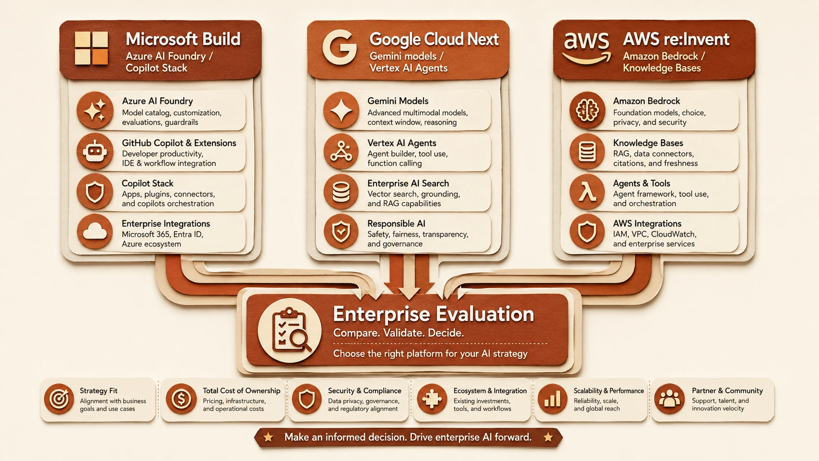 Comparative timeline of platform capability announcements across Microsoft, Google, and AWS.