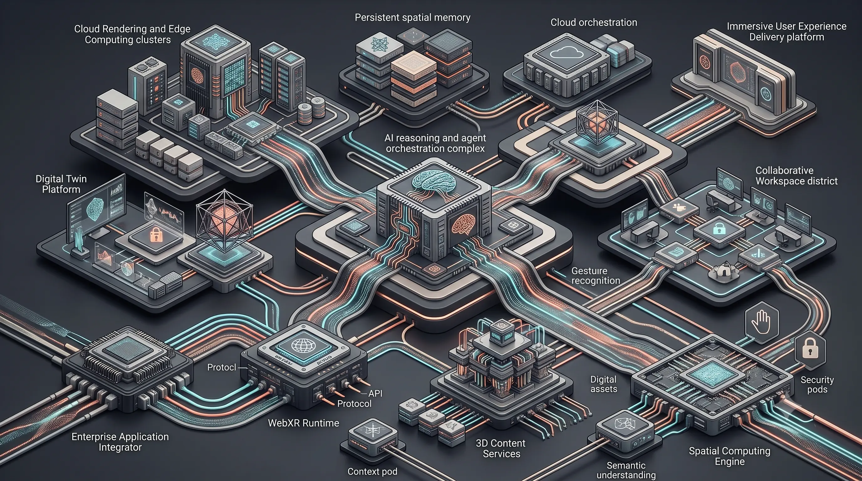 Enterprise XR architecture illustrating WebXR applications, AI agents, spatial computing, cloud rendering, digital twins, and immersive enterprise collaboration.
